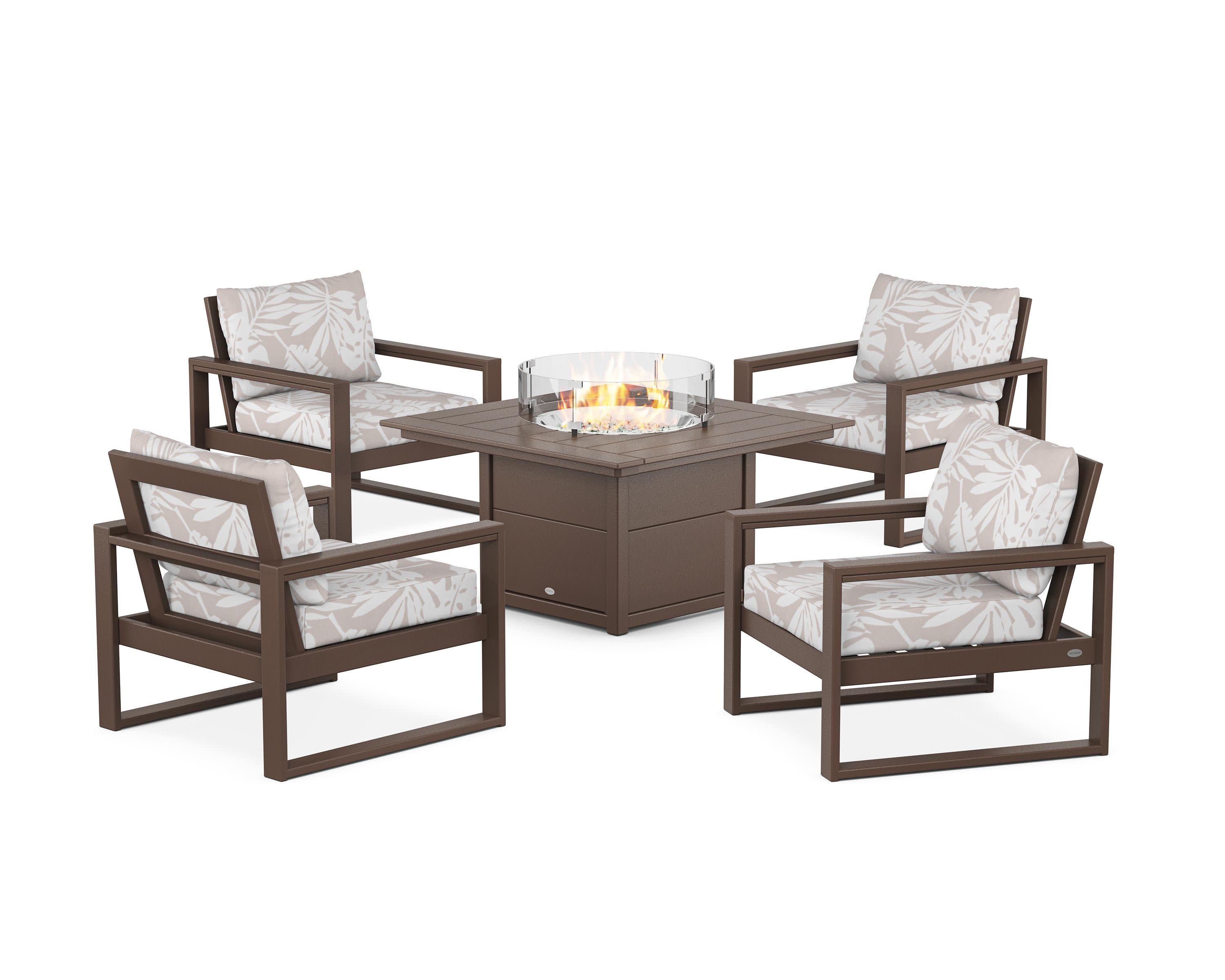 EDGE Sectional 5-Piece Deep Seating Set with Fire Pit Table in Mahogany / Leaf Dune Burlap