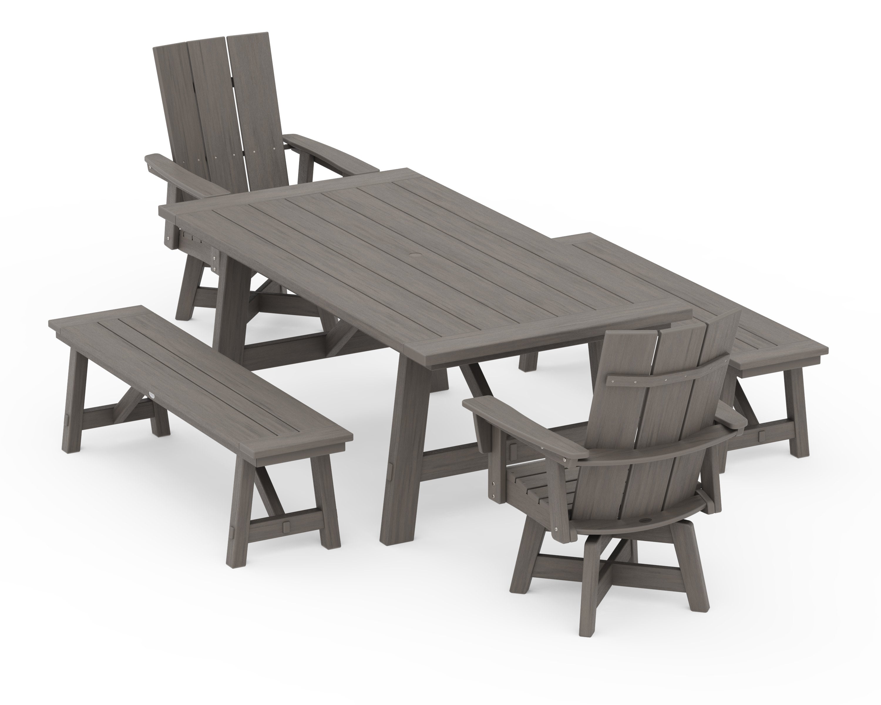 Modern Curveback Adirondack Swivel Chair 5-Piece Rustic Farmhouse Dining Set With Benches in Driftwood