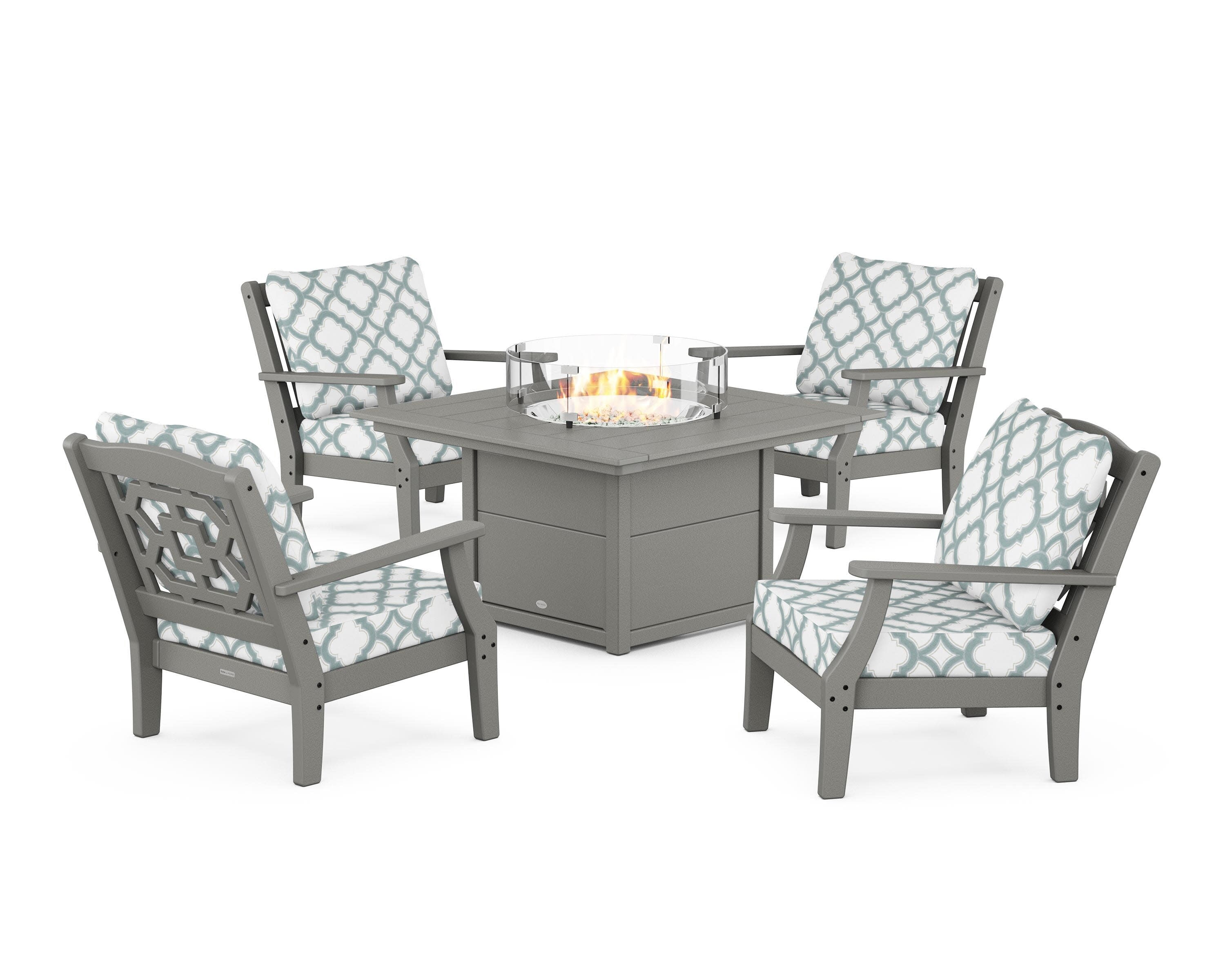 Chinoiserie 5-Piece Deep Seating Set with Fire Pit Table in Slate Grey / Trellis Glacier Spa