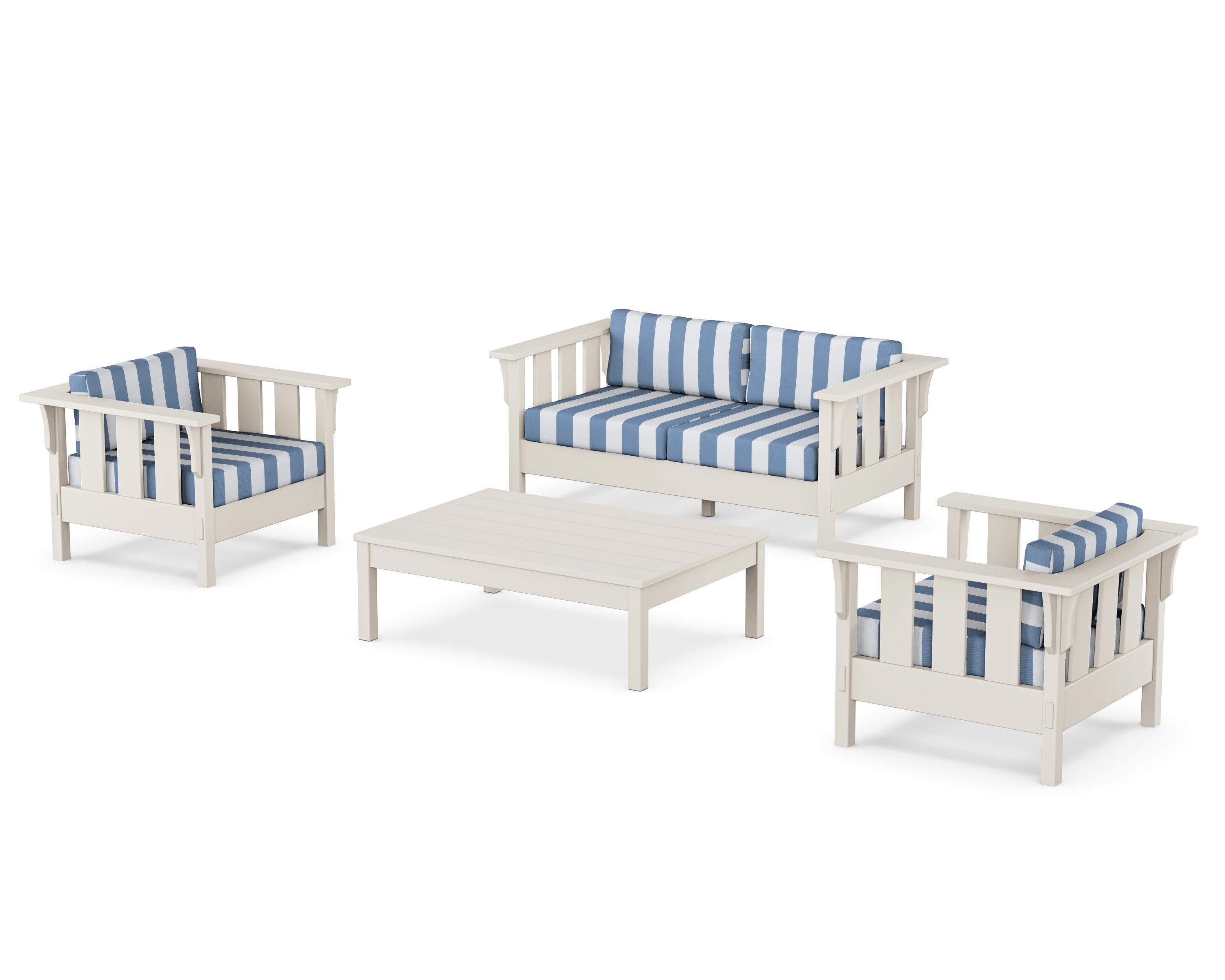 Acadia 4-Piece Deep Seating Set with Loveseat in Sand / Cabana Stripe Sky Blue