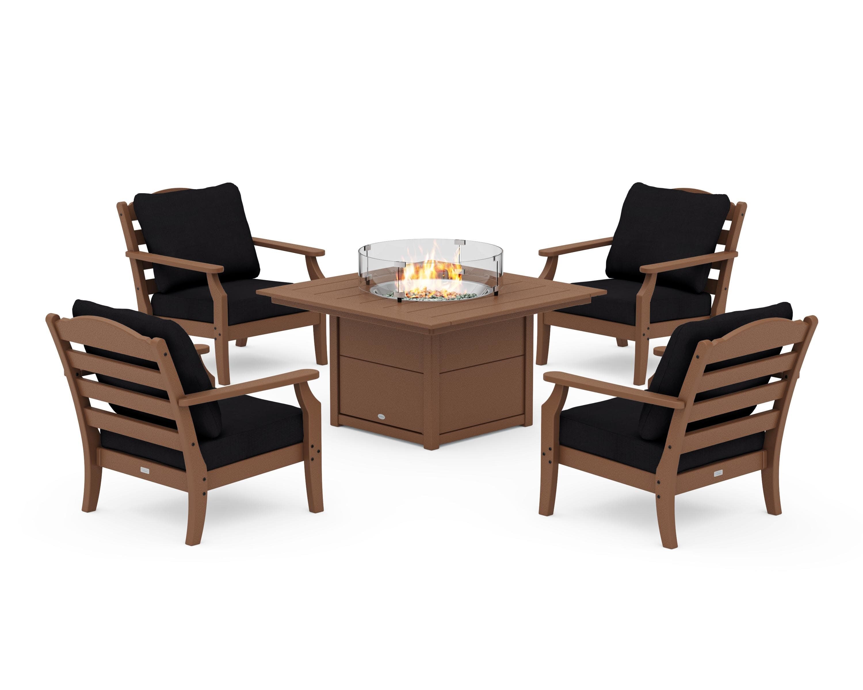 Savannah 5-Piece Deep Seating Set with Fire Pit Table in Teak / Midnight Linen