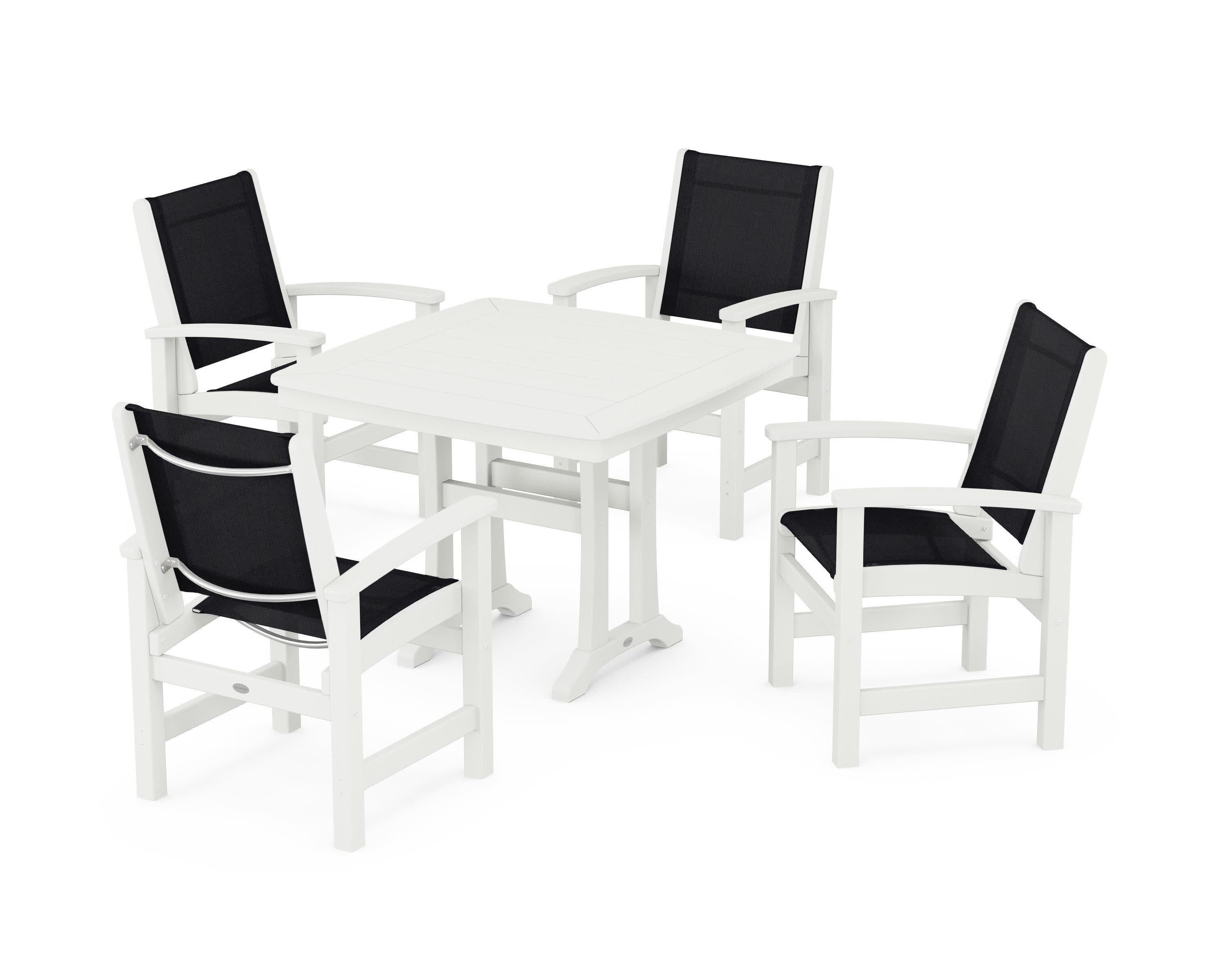 Coastal 5-Piece Dining Set with Trestle Legs in Vintage White / Black Sling