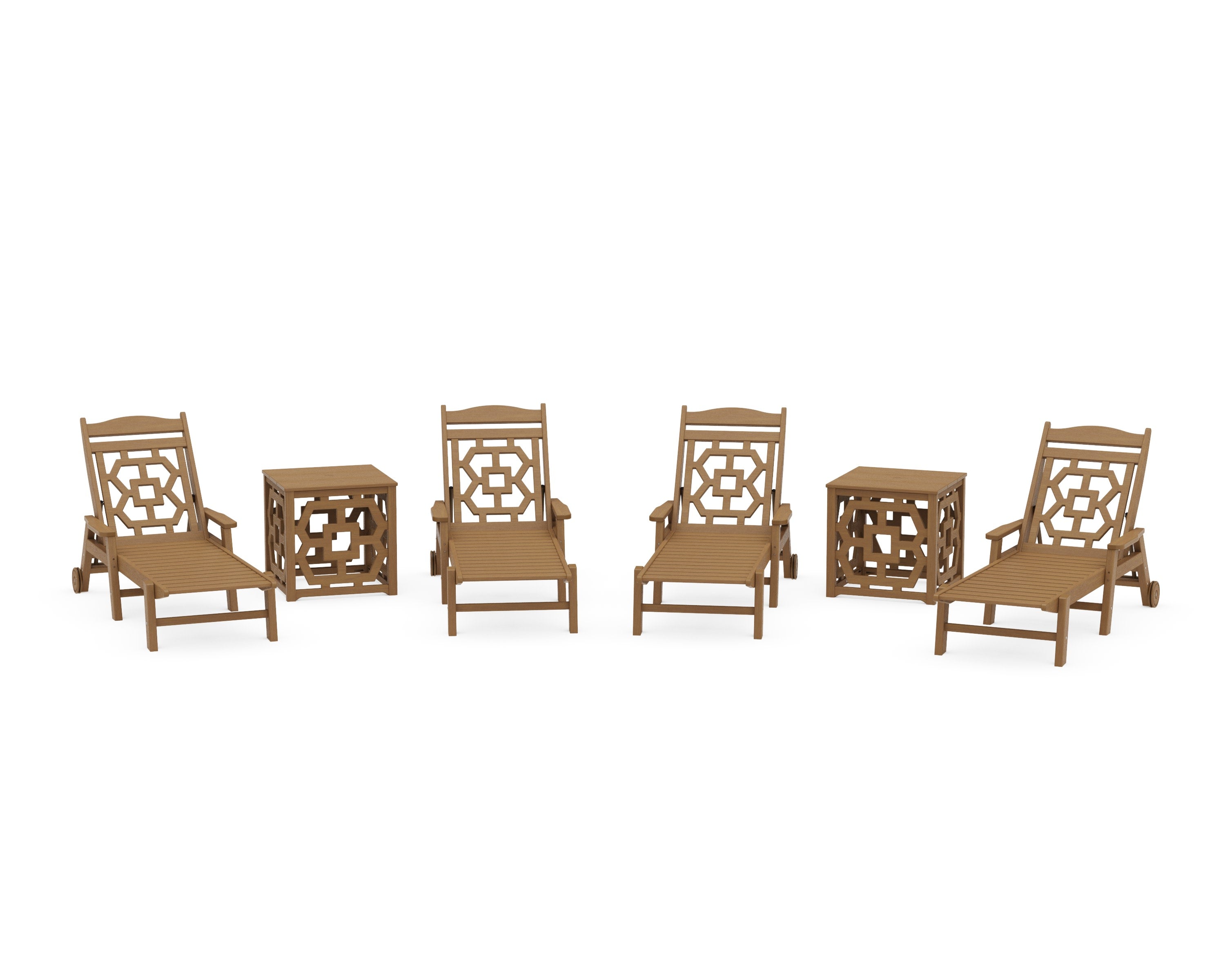Chinoiserie 6-Piece Chaise Set with Umbrella Stand Accent Table in Natural