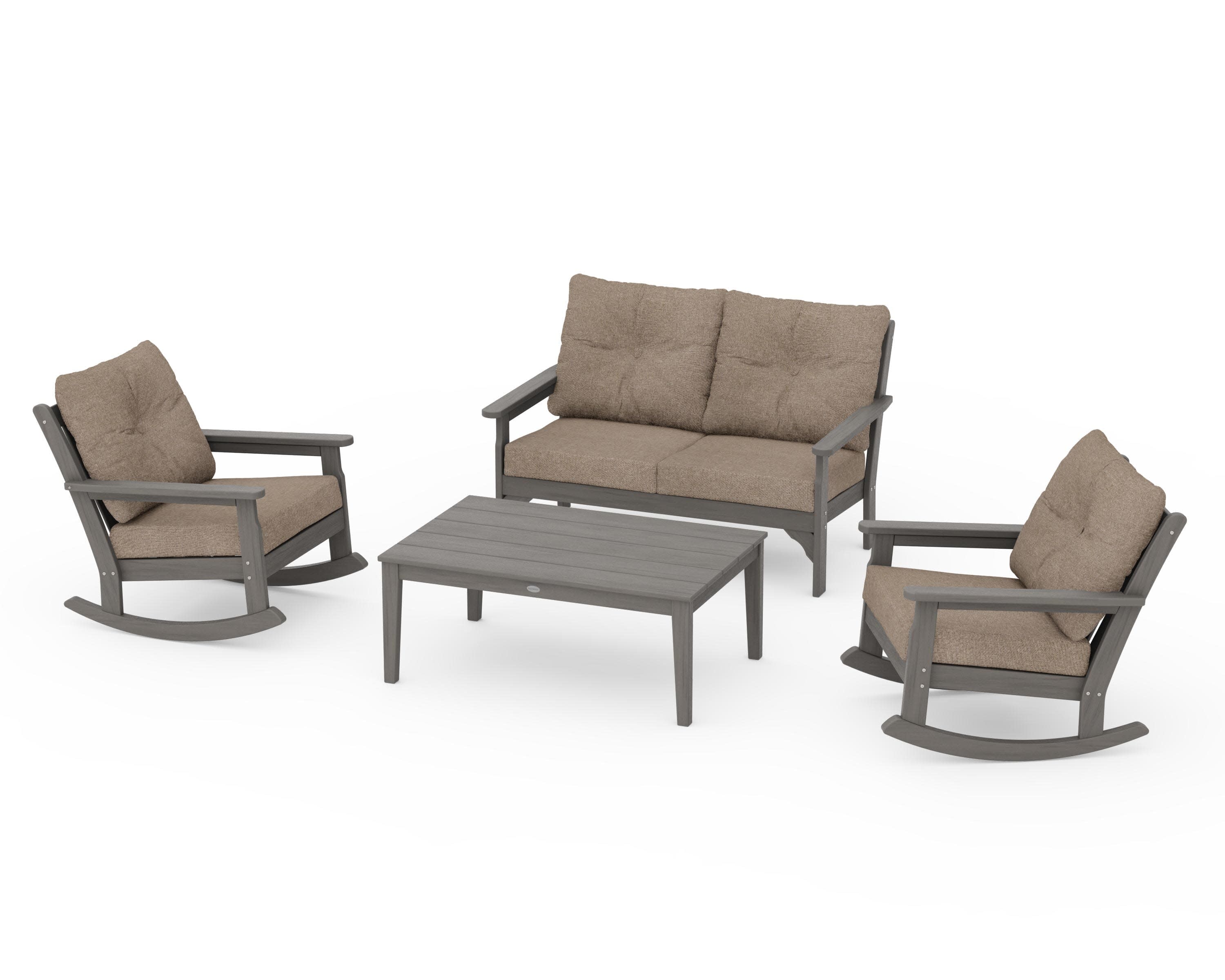 Vineyard 4-Piece Deep Seating Rocking Chair Set in Driftwood / Spiced Burlap
