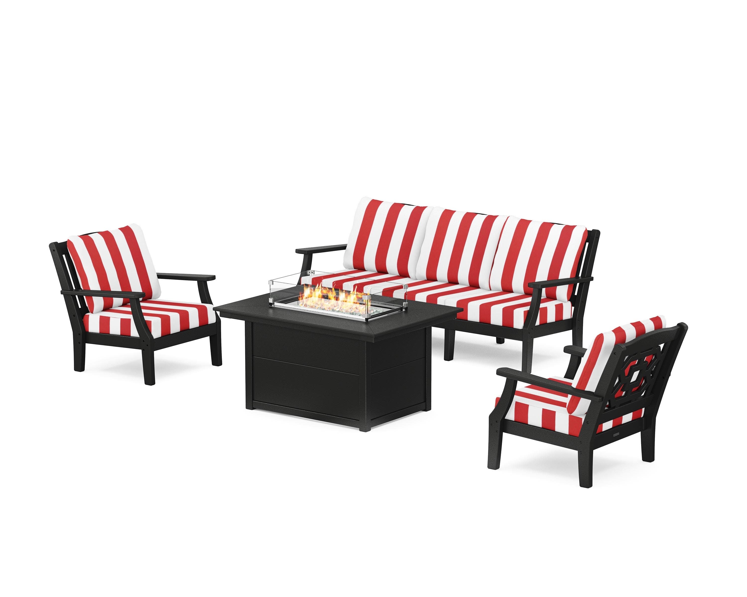 Chinoiserie Deep Seating Fire Pit Table Set in Black / Cabana Stripe Crimson