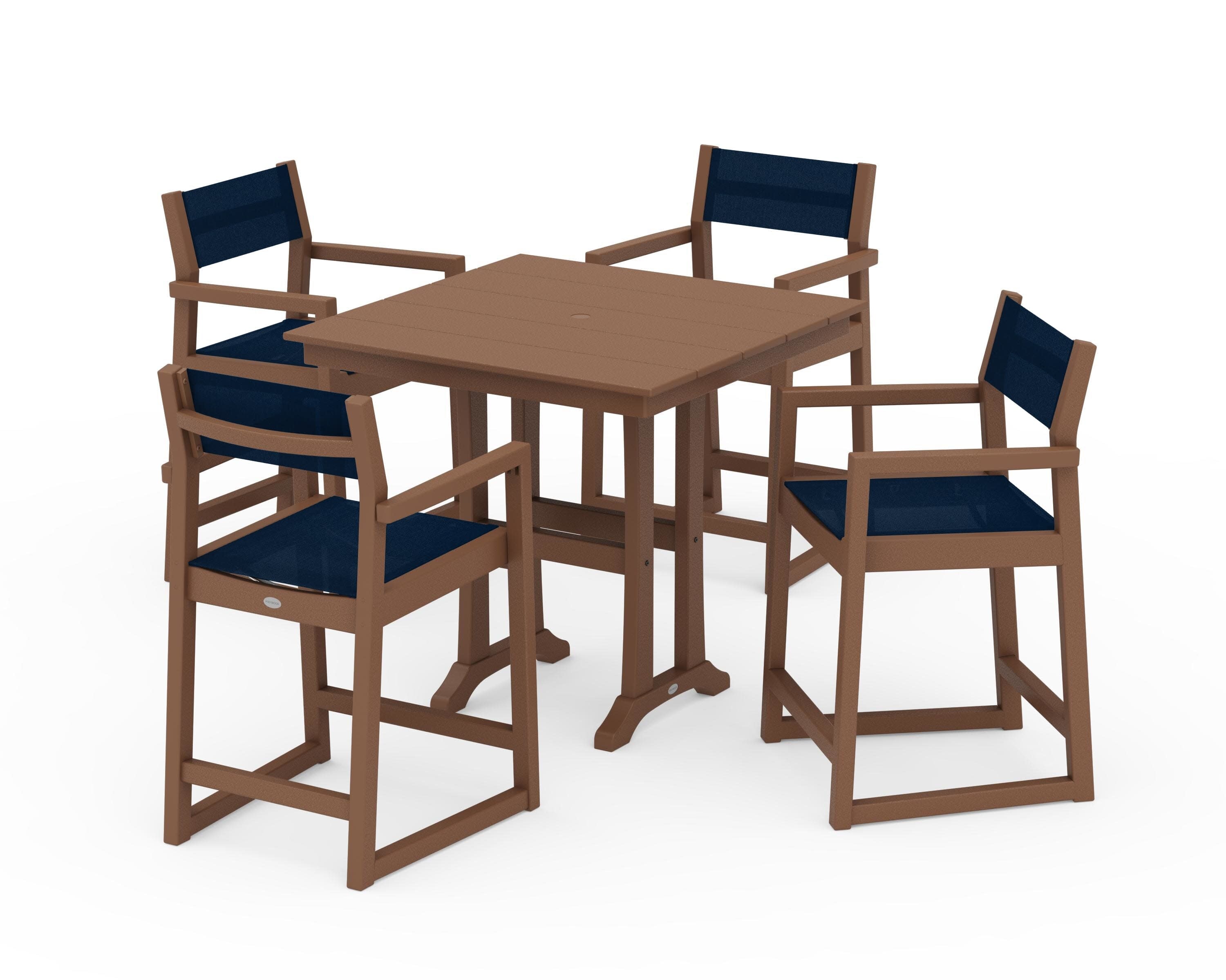 EDGE Sling Arm Chair 5-Piece Farmhouse Counter Set with Trestle Legs in Teak / Navy Blue Sling