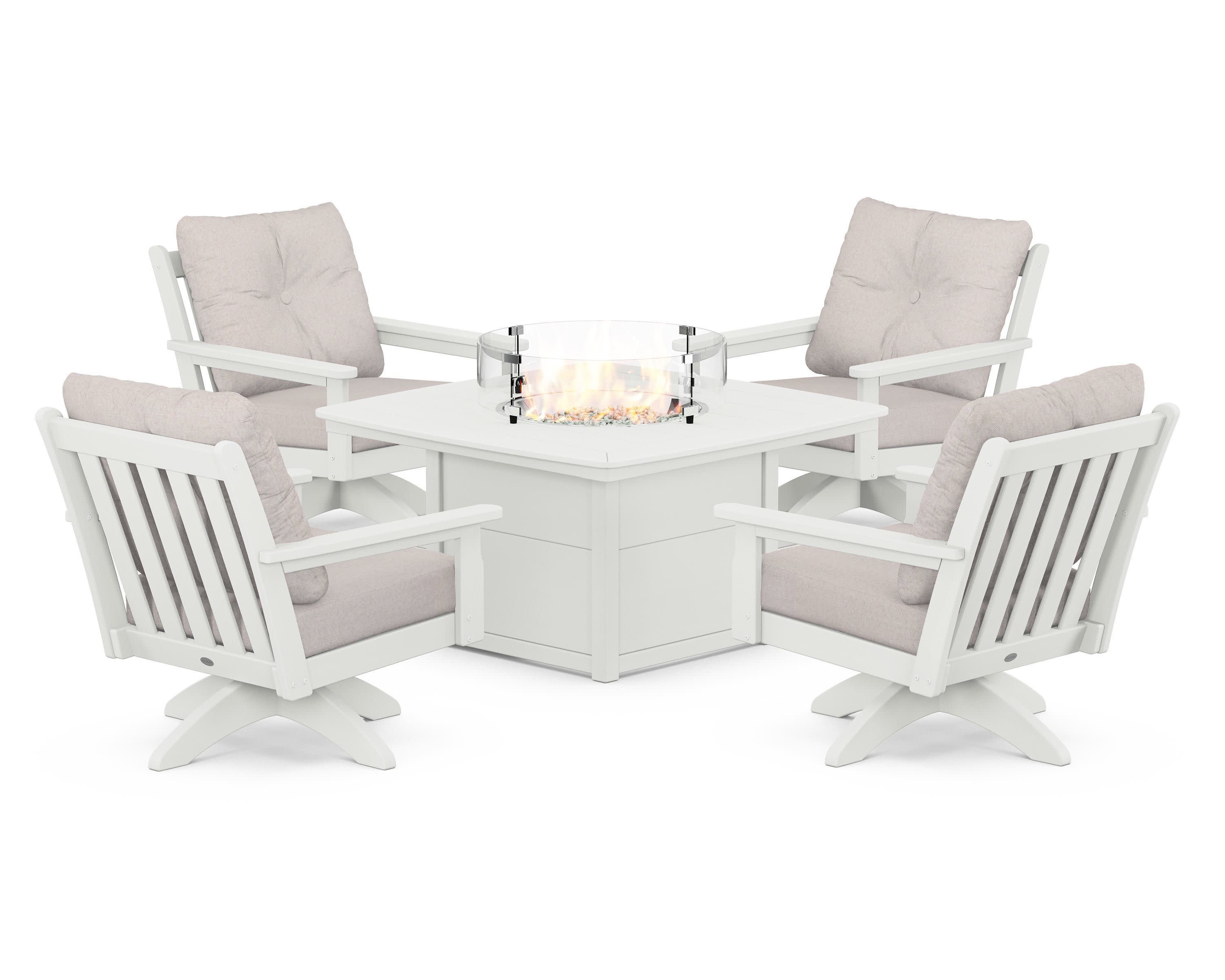 Vineyard 5-Piece Deep Seating Swivel Conversation Set with Fire Pit Table in Vintage White / Dune Burlap