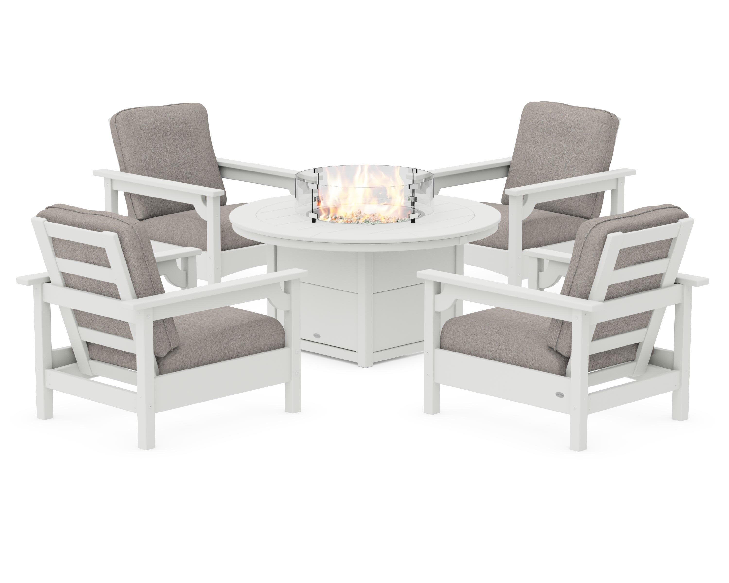 Club 5-Piece Conversation Set with Fire Pit Table in Vintage White / Weathered Tweed