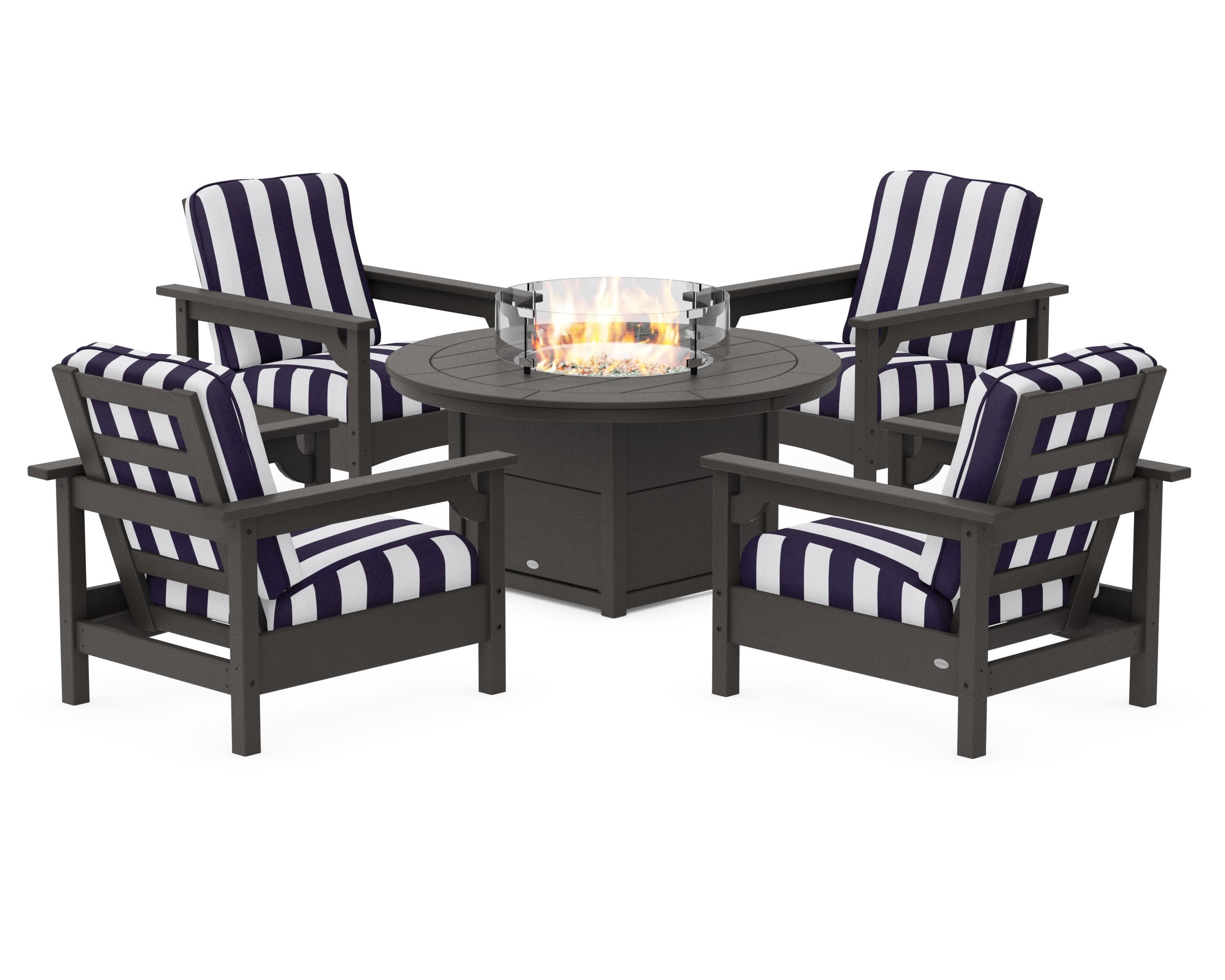 Club 5-Piece Conversation Set with Fire Pit Table in Vintage Coffee / Cabana Stripe Navy