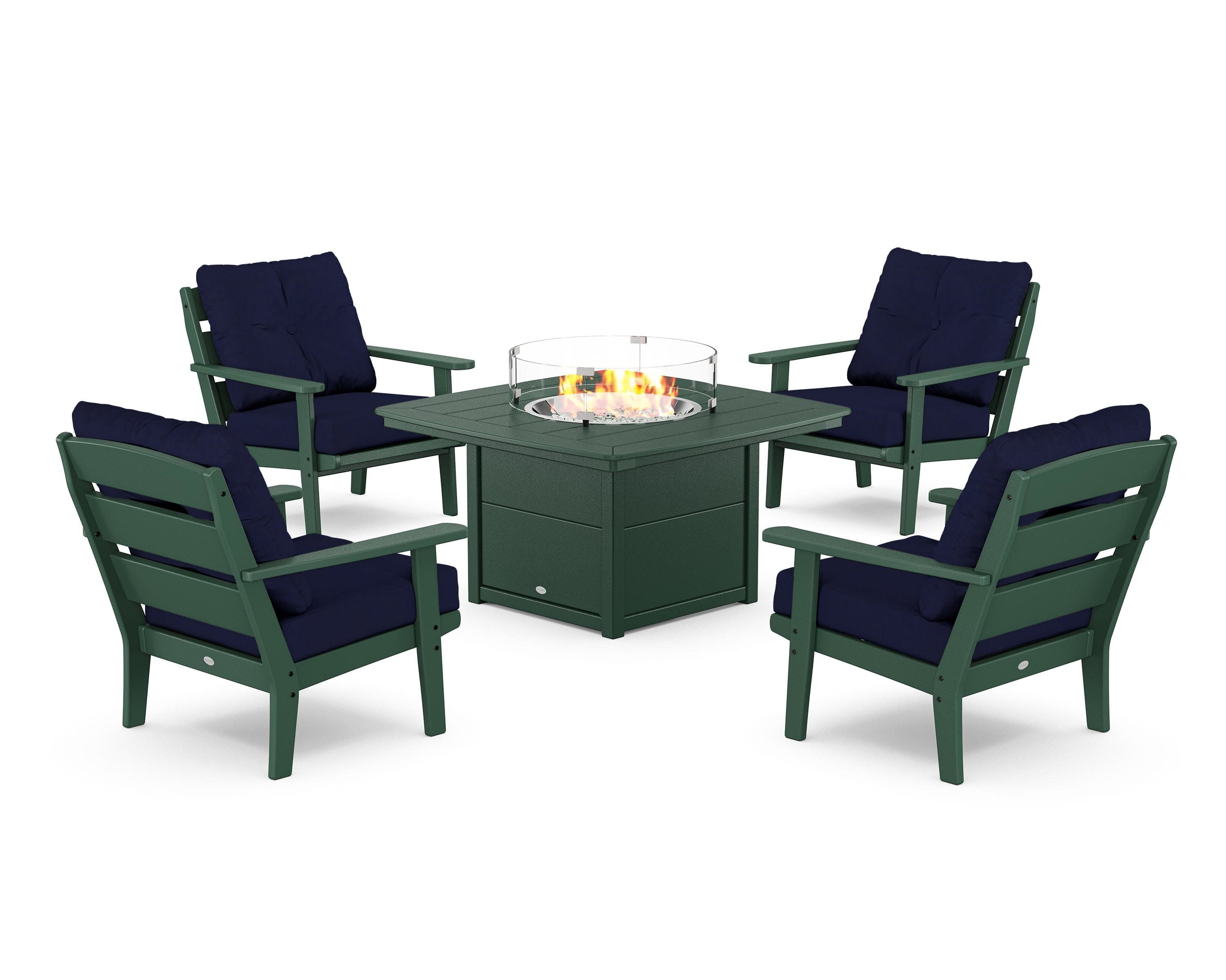 Lakeside 5-Piece Deep Seating Set with Nautical Fire Pit Table in Green / Navy
