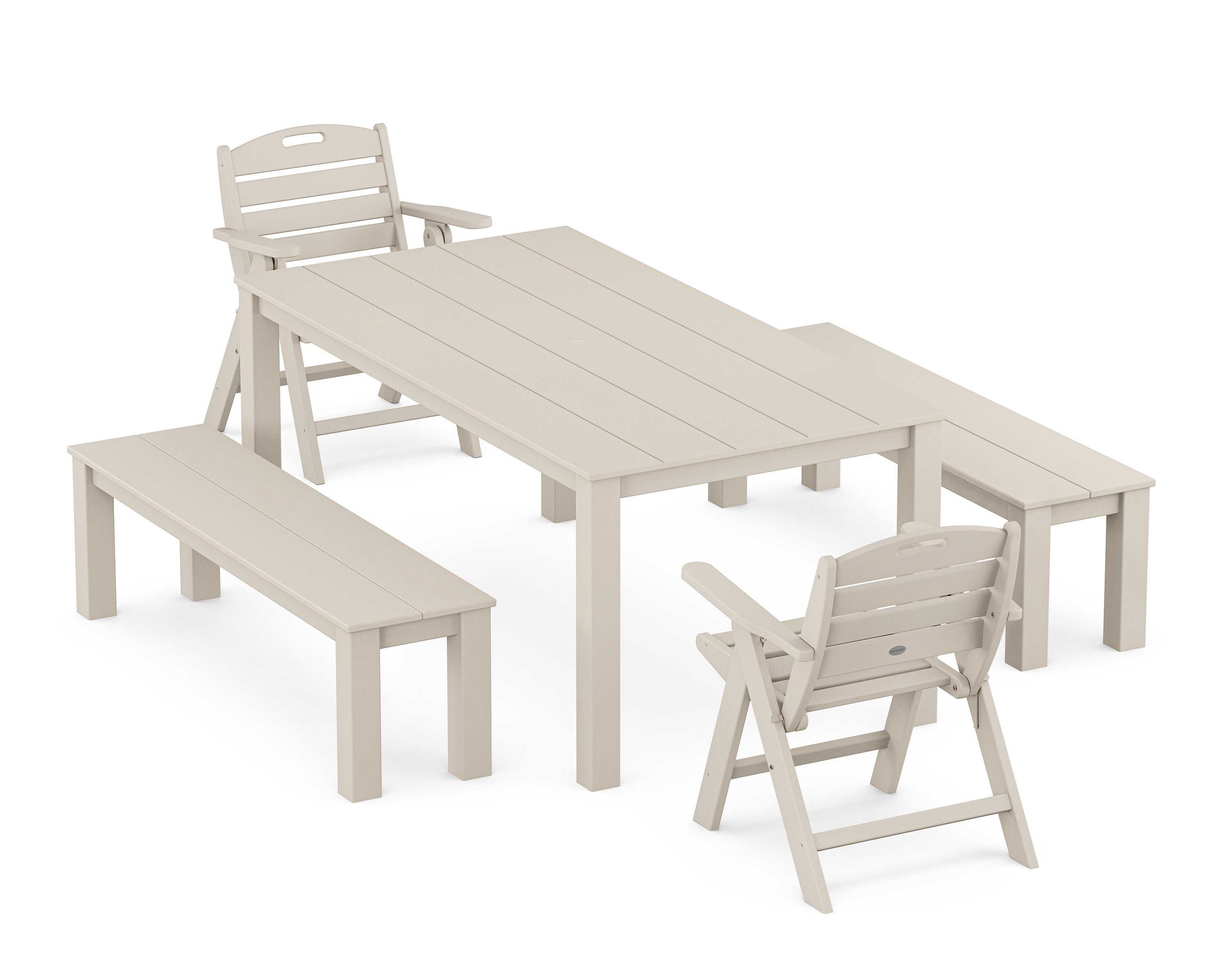 Nautical Folding Lowback Chair 5-Piece Parsons Dining Set with Benches in Sand