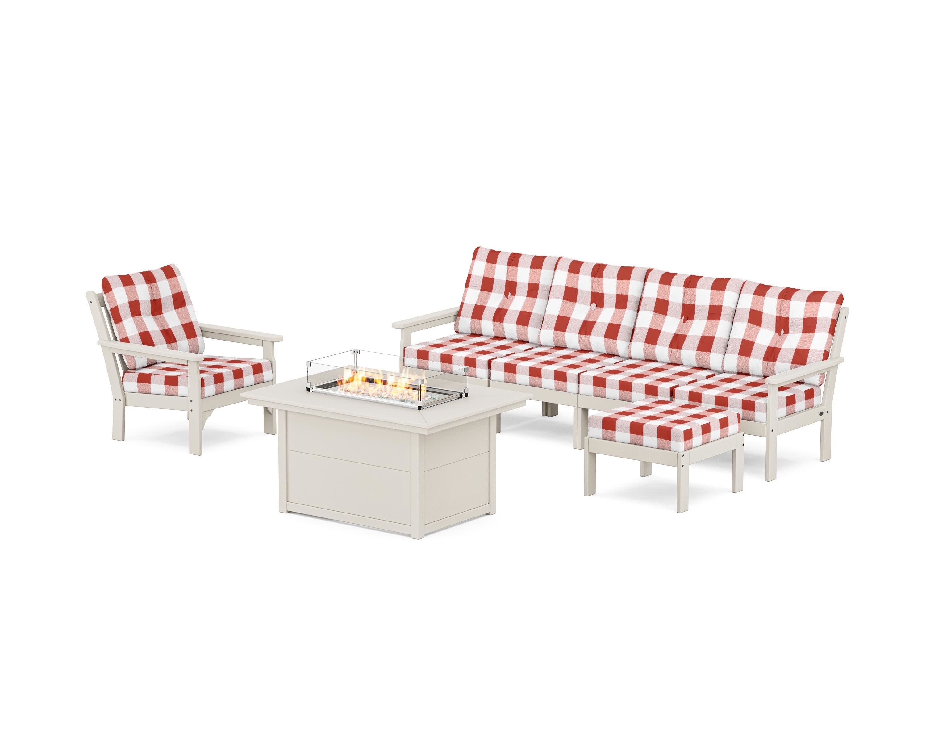Vineyard Sectional Lounge and Fire Pit Set in Sand / Buffalo Plaid Crimson