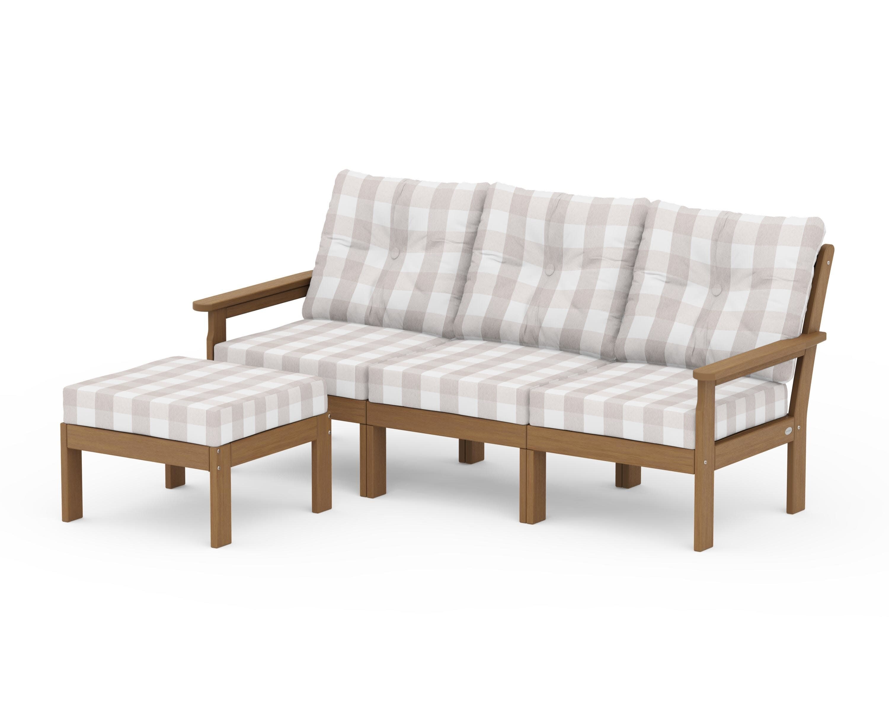 Vineyard 4-Piece Sectional with Ottoman in Natural / Buffalo Plaid Dune Burlap