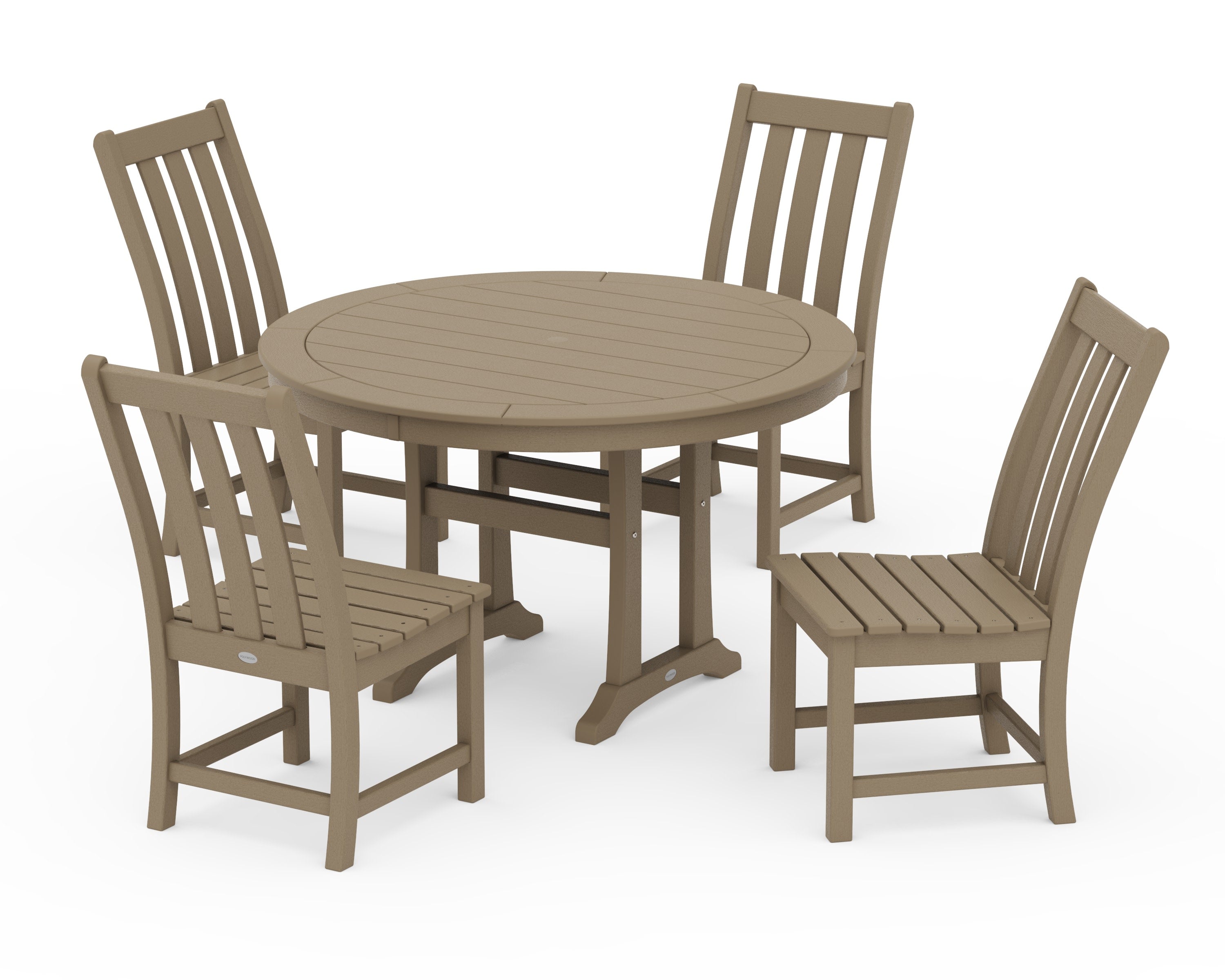 Vineyard Side Chair 5-Piece Round Dining Set With Trestle Legs in Vintage Sahara