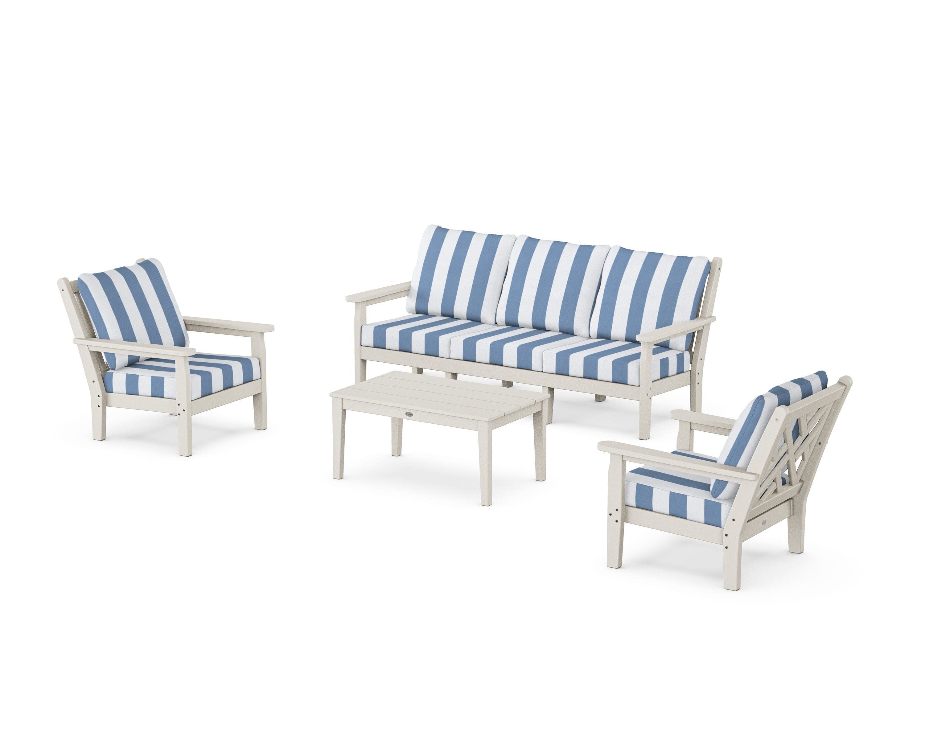 Chippendale 4-Piece Deep Seating Set with Sofa in Sand / Cabana Stripe Sky Blue