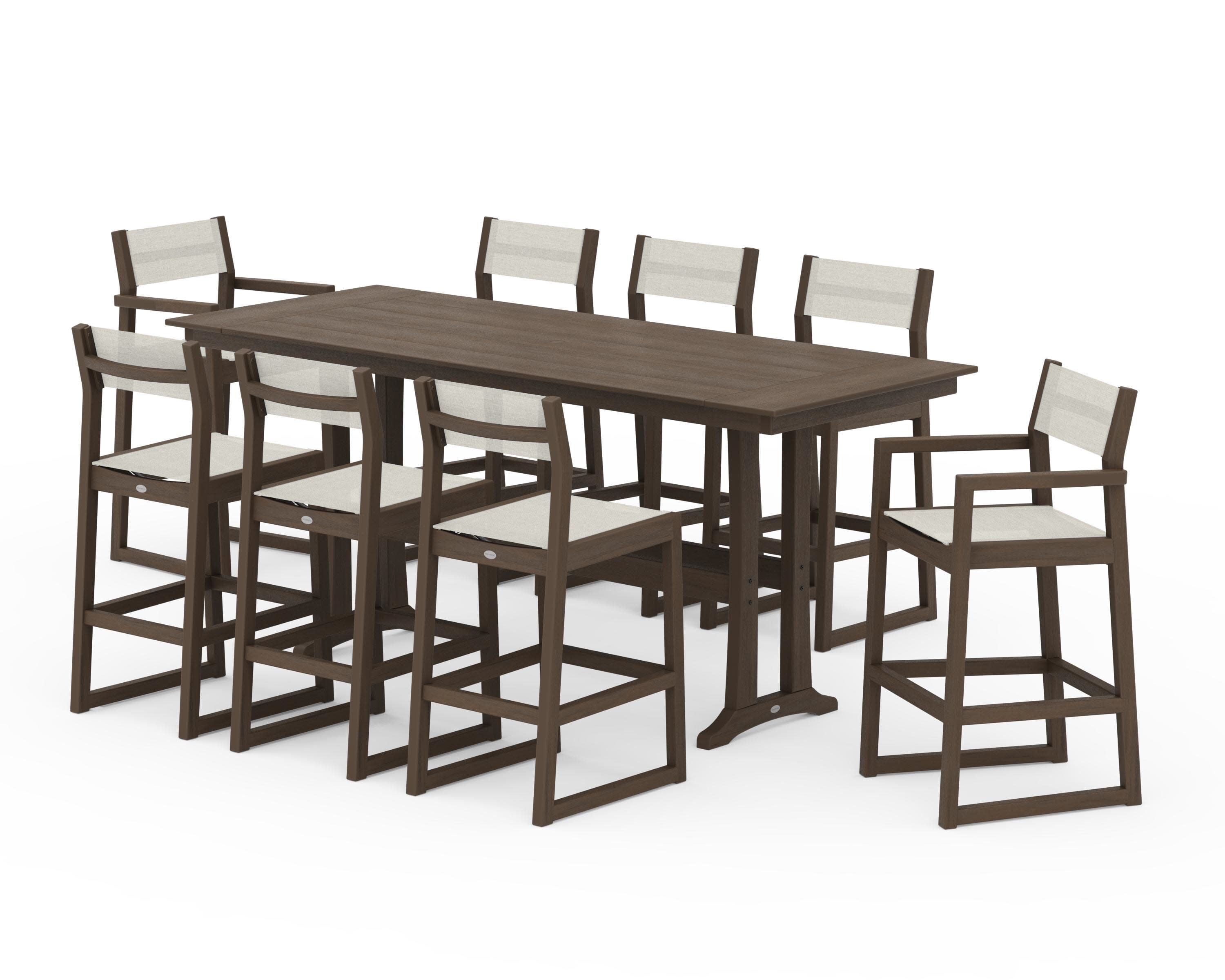 EDGE Sling 9-Piece Farmhouse Bar Set with Trestle Legs in Kona / Parchment Sling