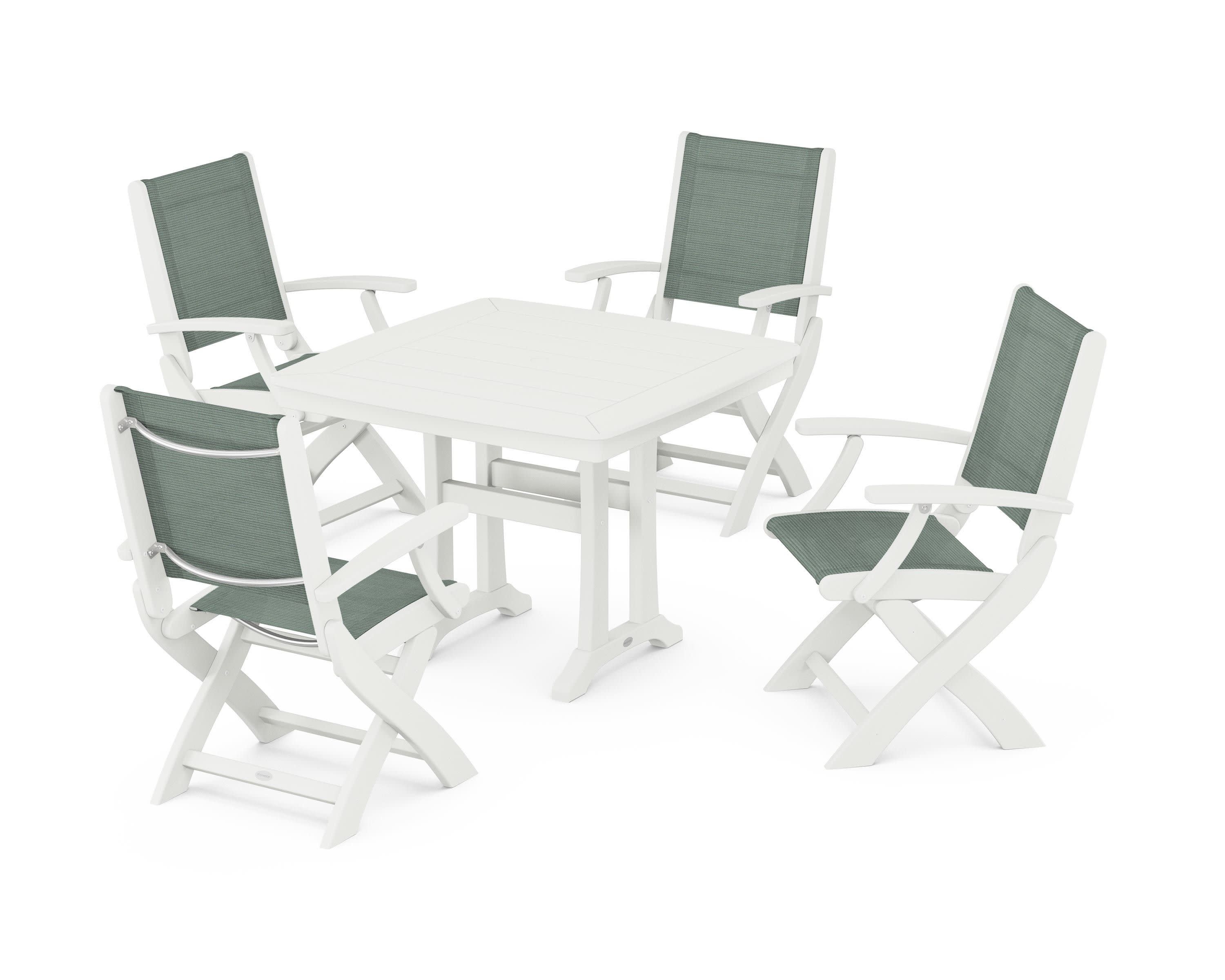 Coastal Folding Chair 5-Piece Dining Set with Trestle Legs in Vintage White / Dupioni Sea Mist Sling