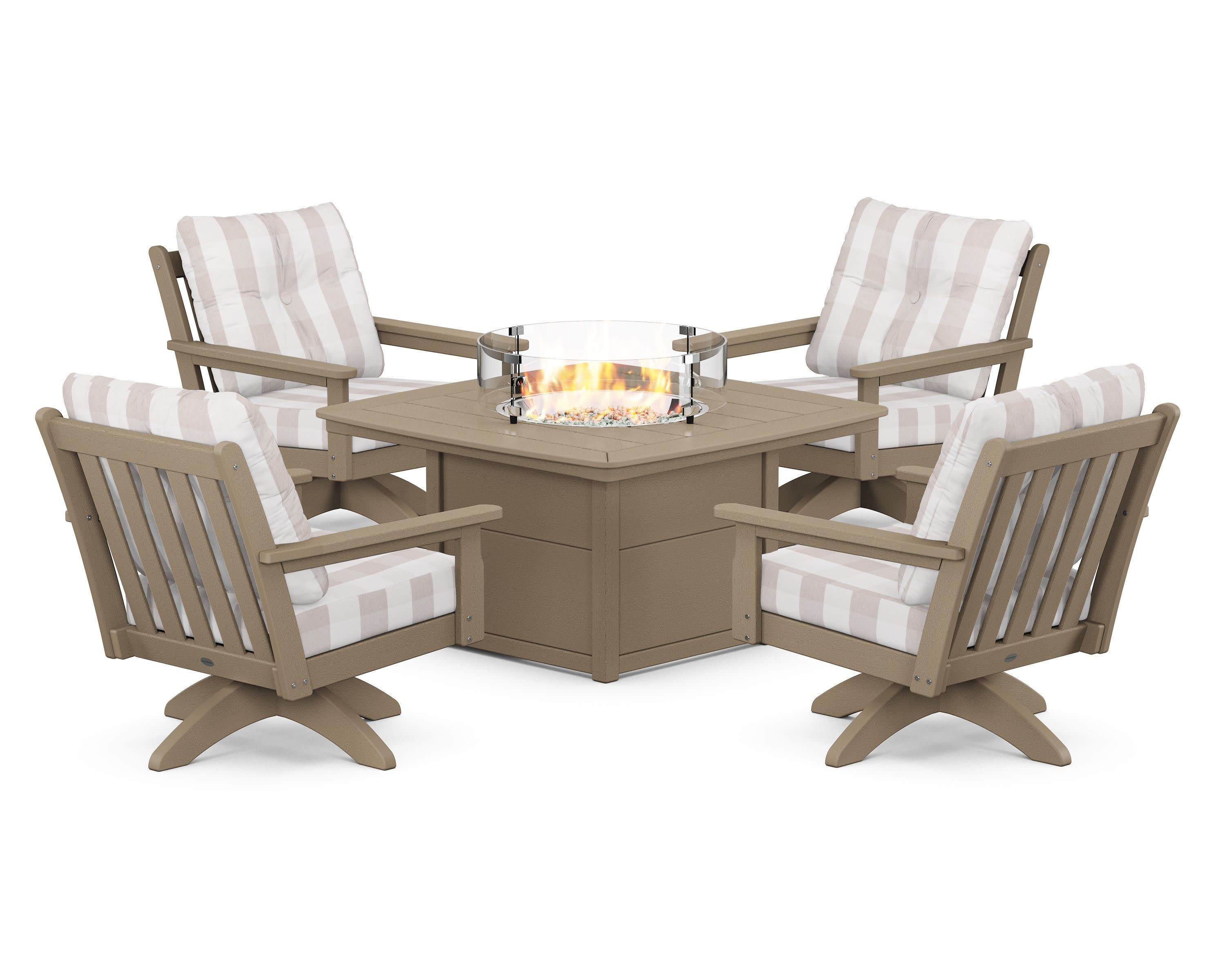 Vineyard 5-Piece Deep Seating Swivel Conversation Set with Fire Pit Table in Vintage Sahara / Buffalo Plaid Dune Burlap