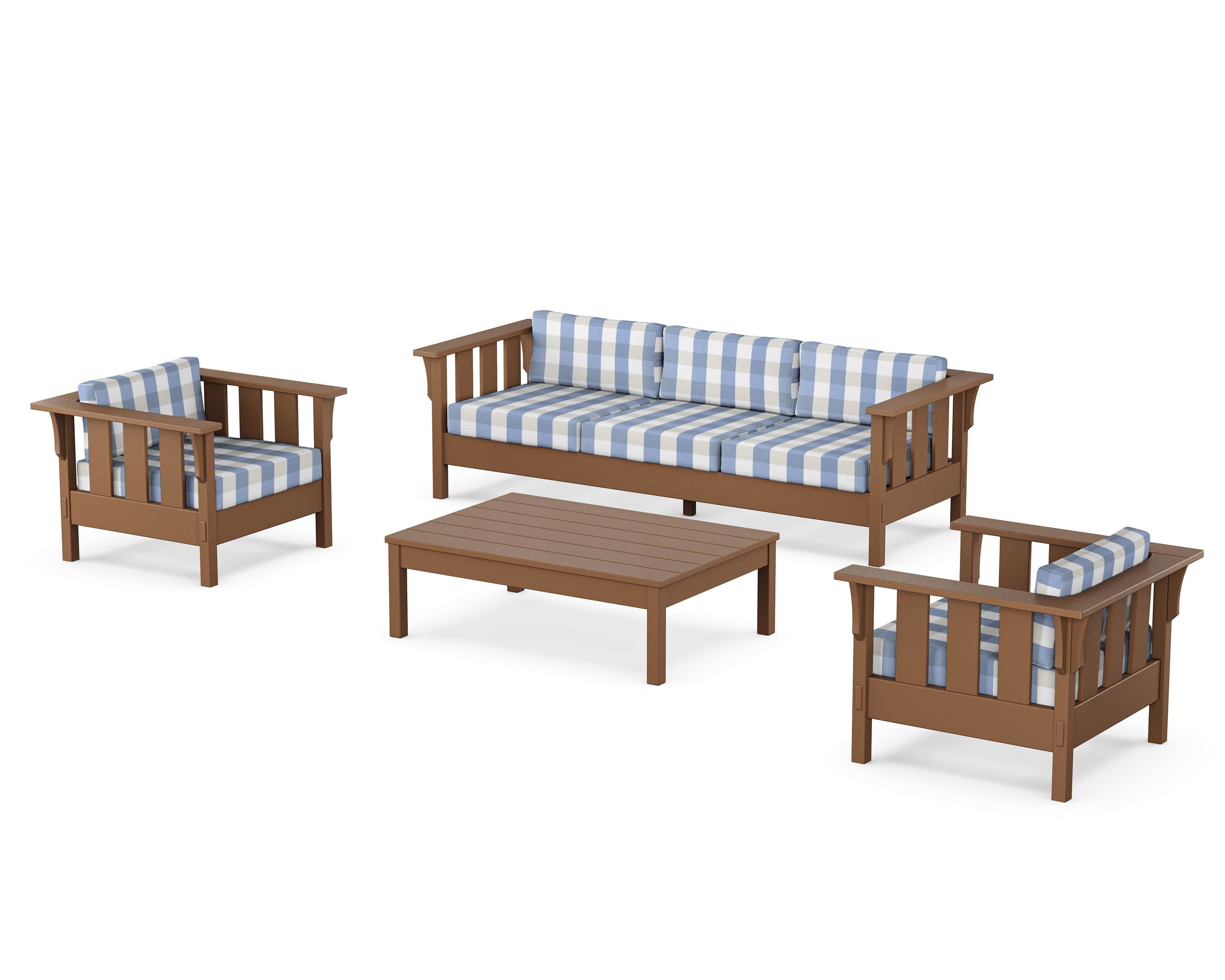 Acadia 4-Piece Deep Seating Set with Sofa in Teak / Buffalo Plaid Sky Blue