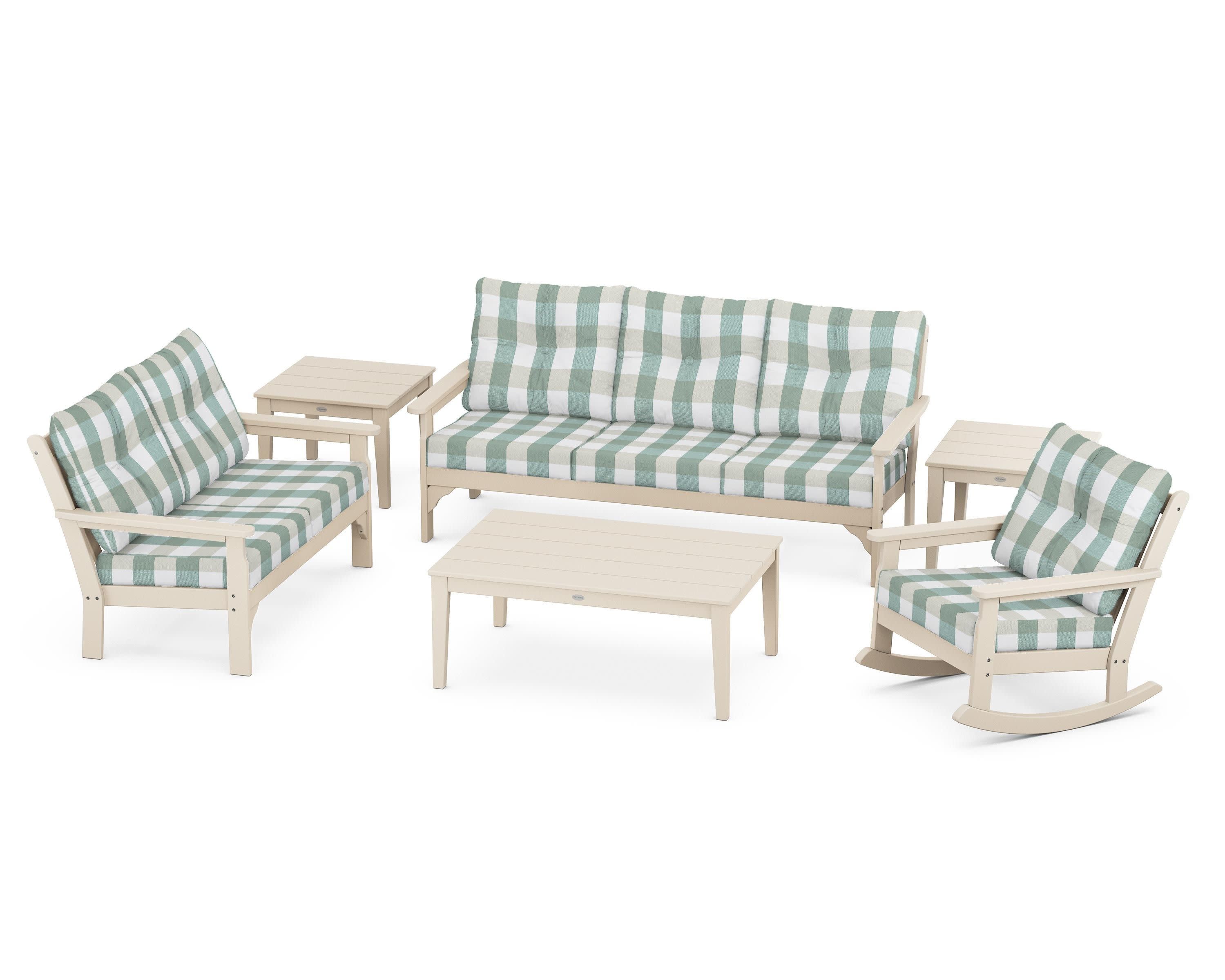 Vineyard 6-Piece Deep Seating Set in Sand / Buffalo Plaid Glacier Spa