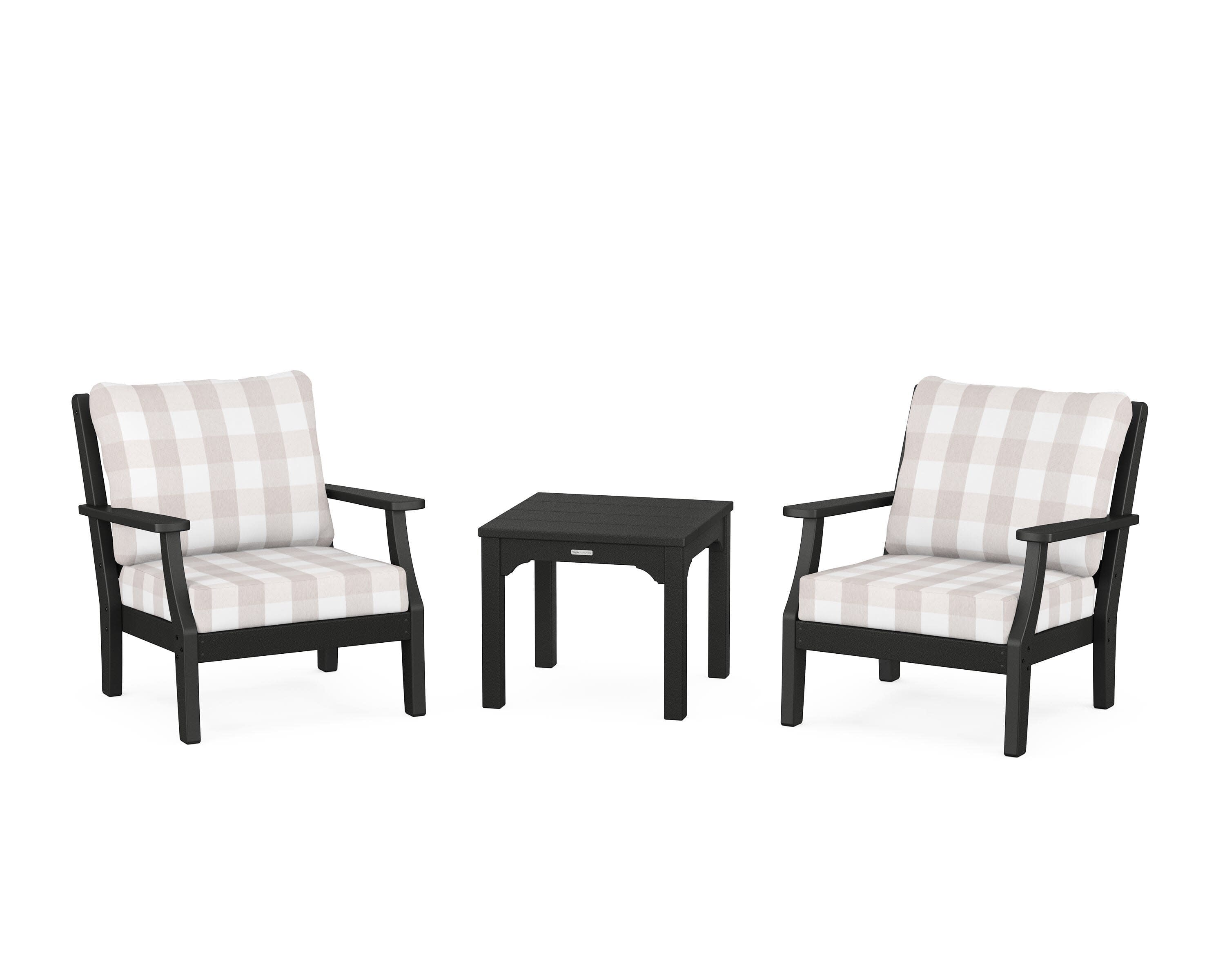 Chinoiserie 3-Piece Deep Seating Set in Black / Buffalo Plaid Dune Burlap