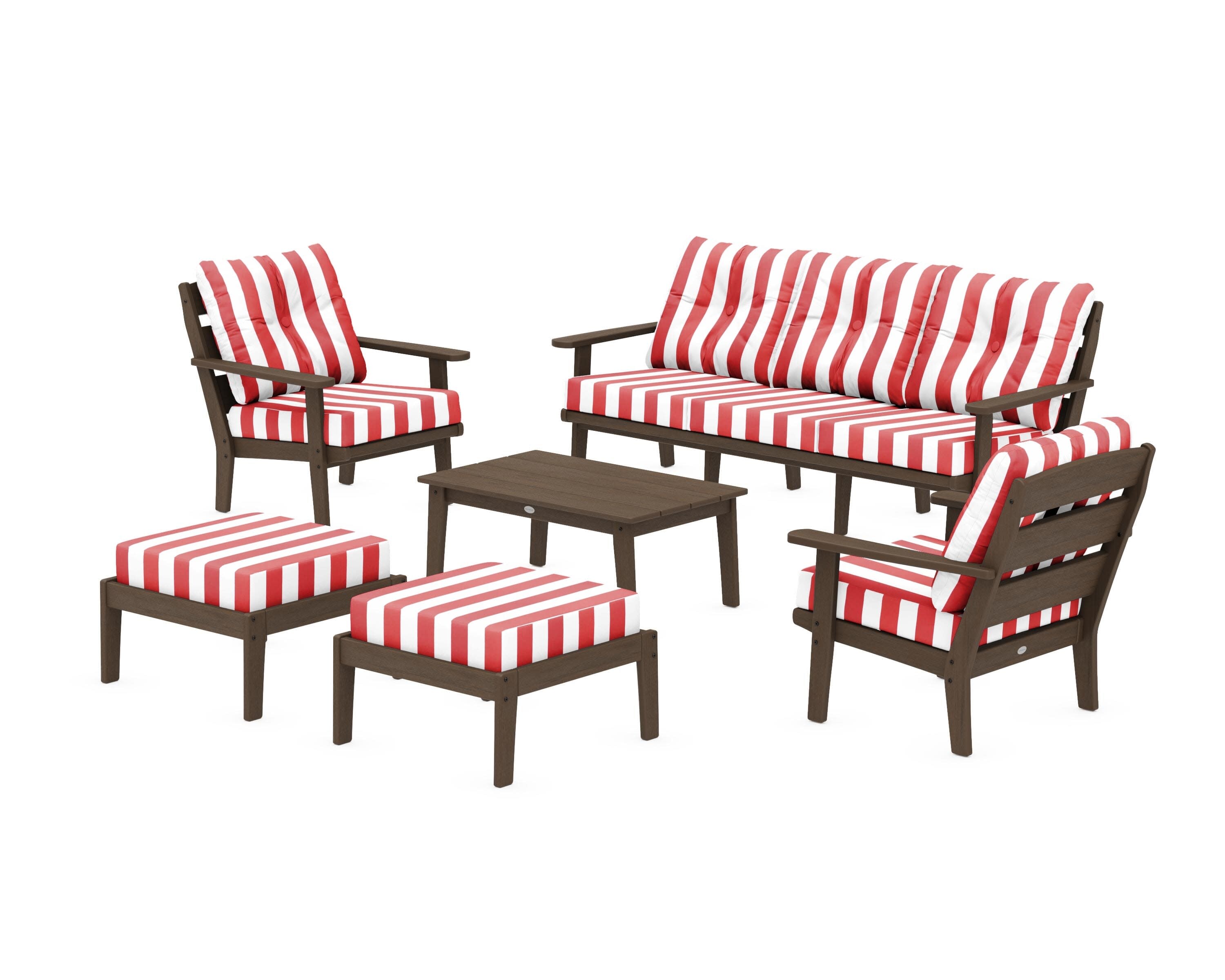 Lakeside 6-Piece Lounge Sofa Set in Kona / Cabana Stripe Crimson