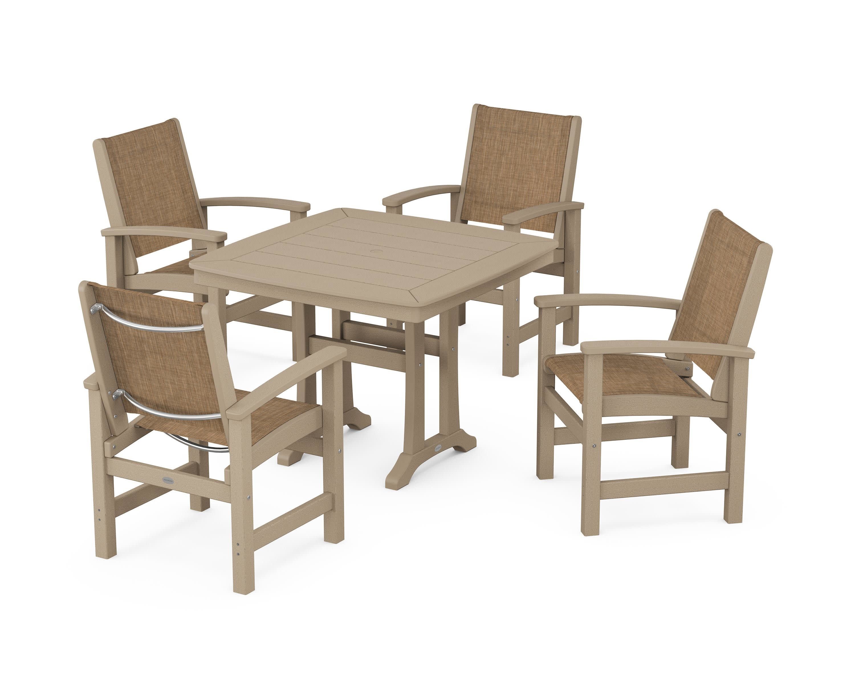 Coastal 5-Piece Dining Set with Trestle Legs in Vintage Sahara / Burlap Sling