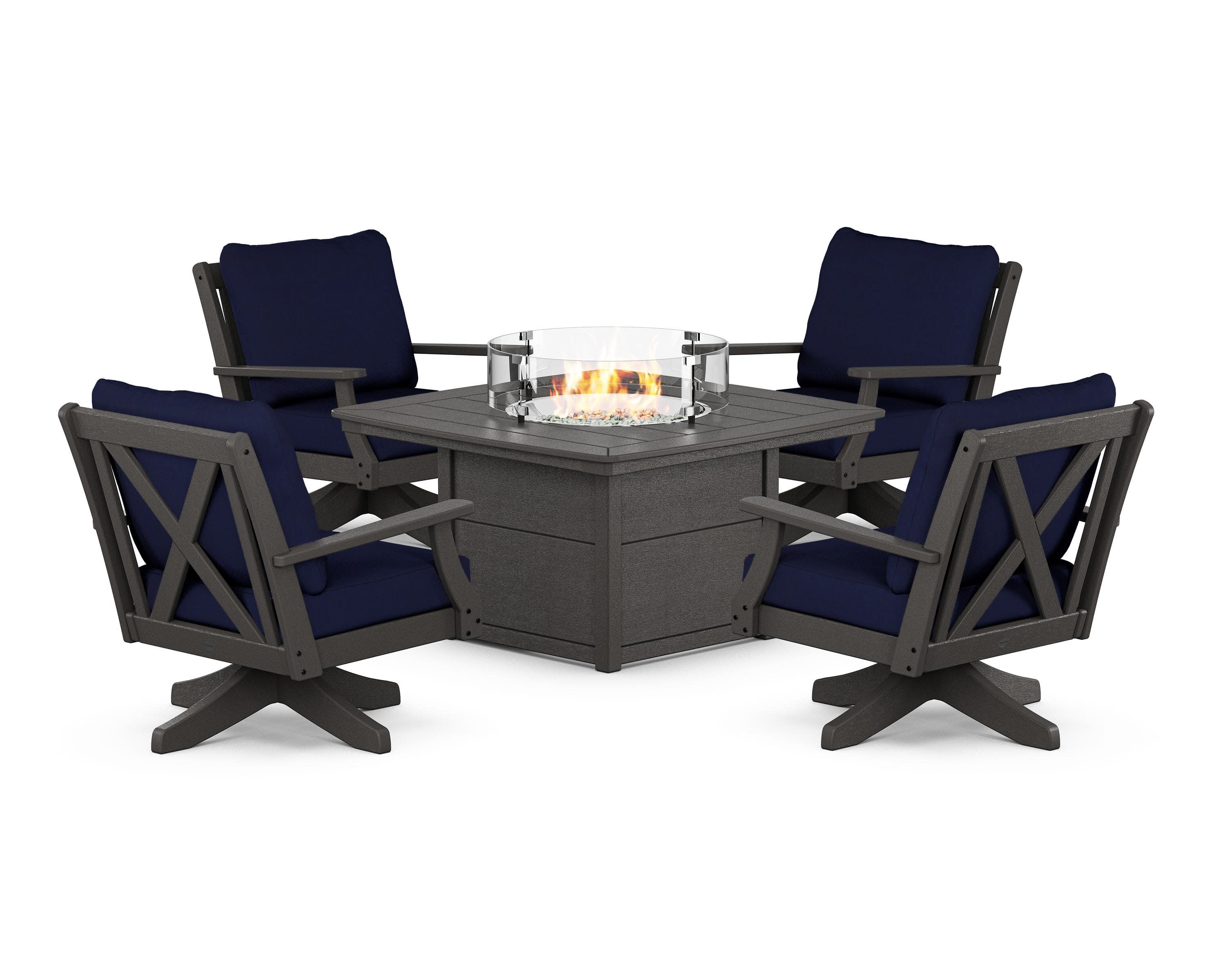 Braxton 5-Piece Deep Seating Swivel Conversation Set with Fire Pit Table in Vintage Coffee / Navy