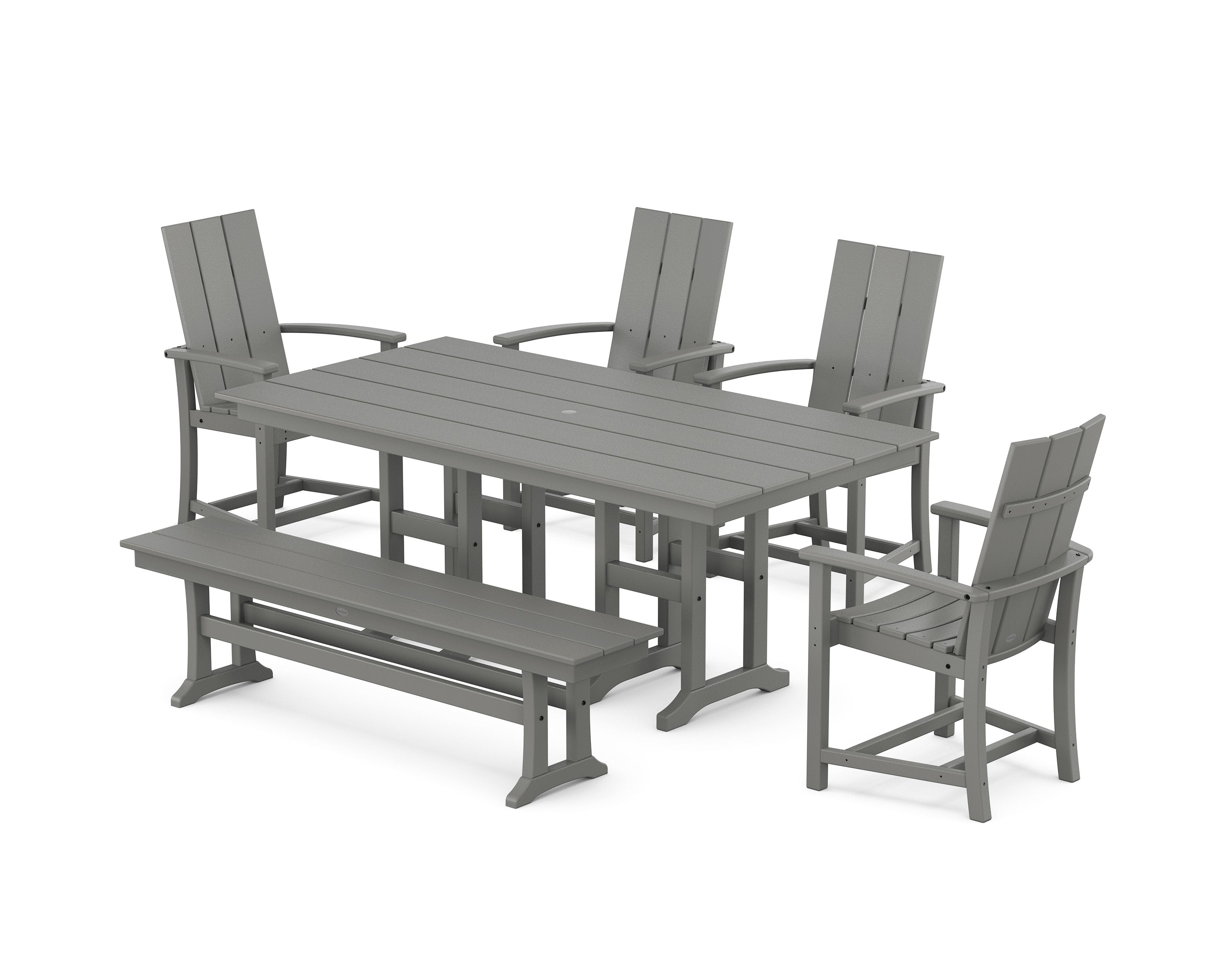 Modern Adirondack 6-Piece Dining Set with Trestle Legs and Bench in Slate Grey