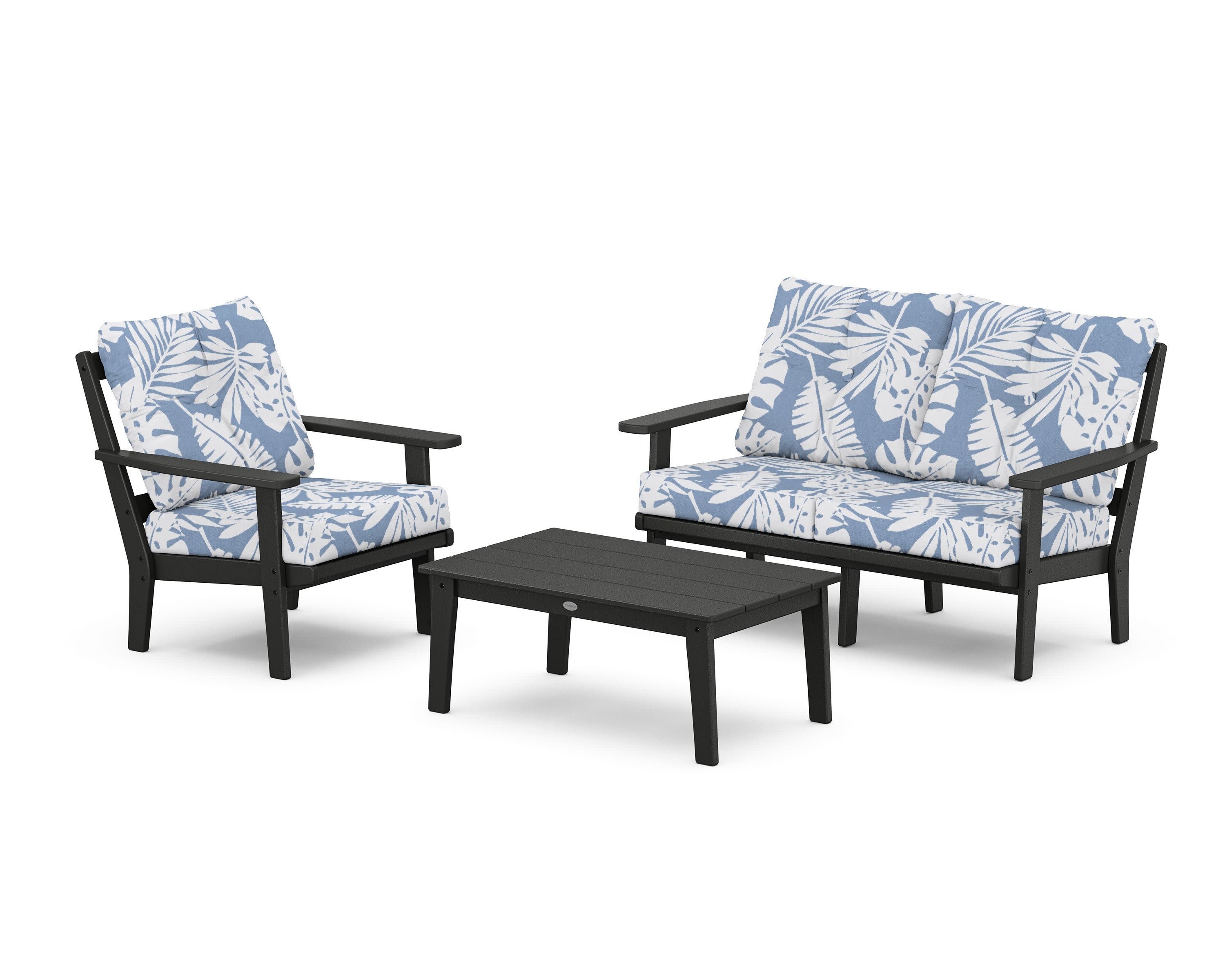 Oxford 3-Piece Deep Seating Set with Loveseat in Black / Leaf Sky Blue