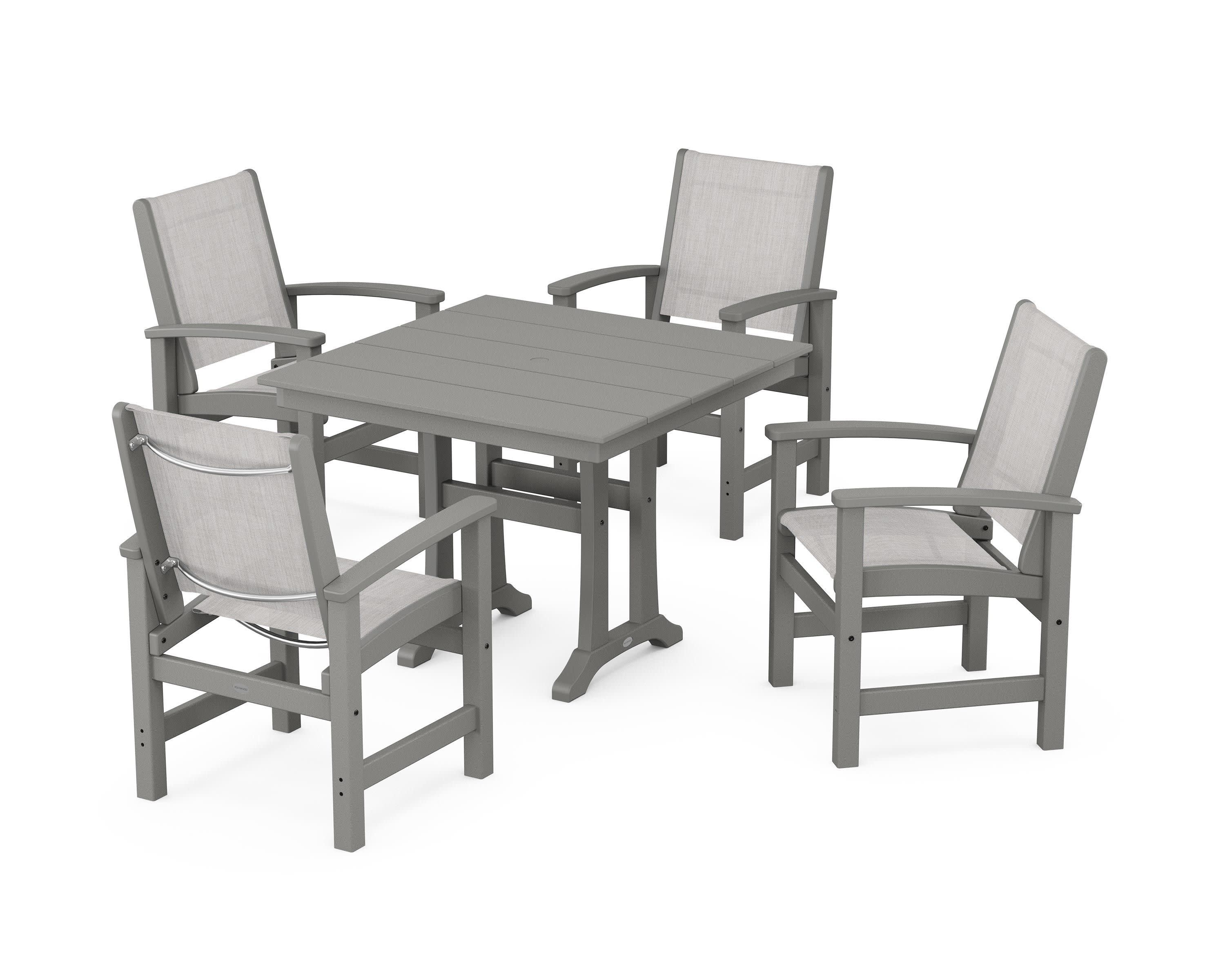 Coastal 5-Piece Farmhouse Dining Set With Trestle Legs in Slate Grey / Parchment Sling