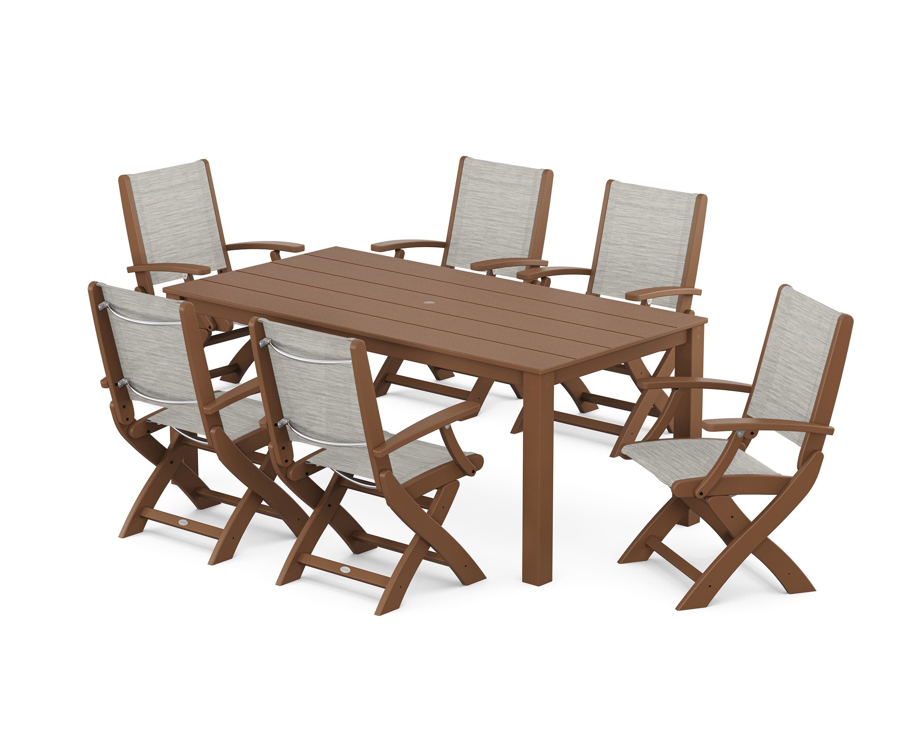 Coastal Folding Chair 7-Piece Parsons Dining Set in Teak / Birch Sling