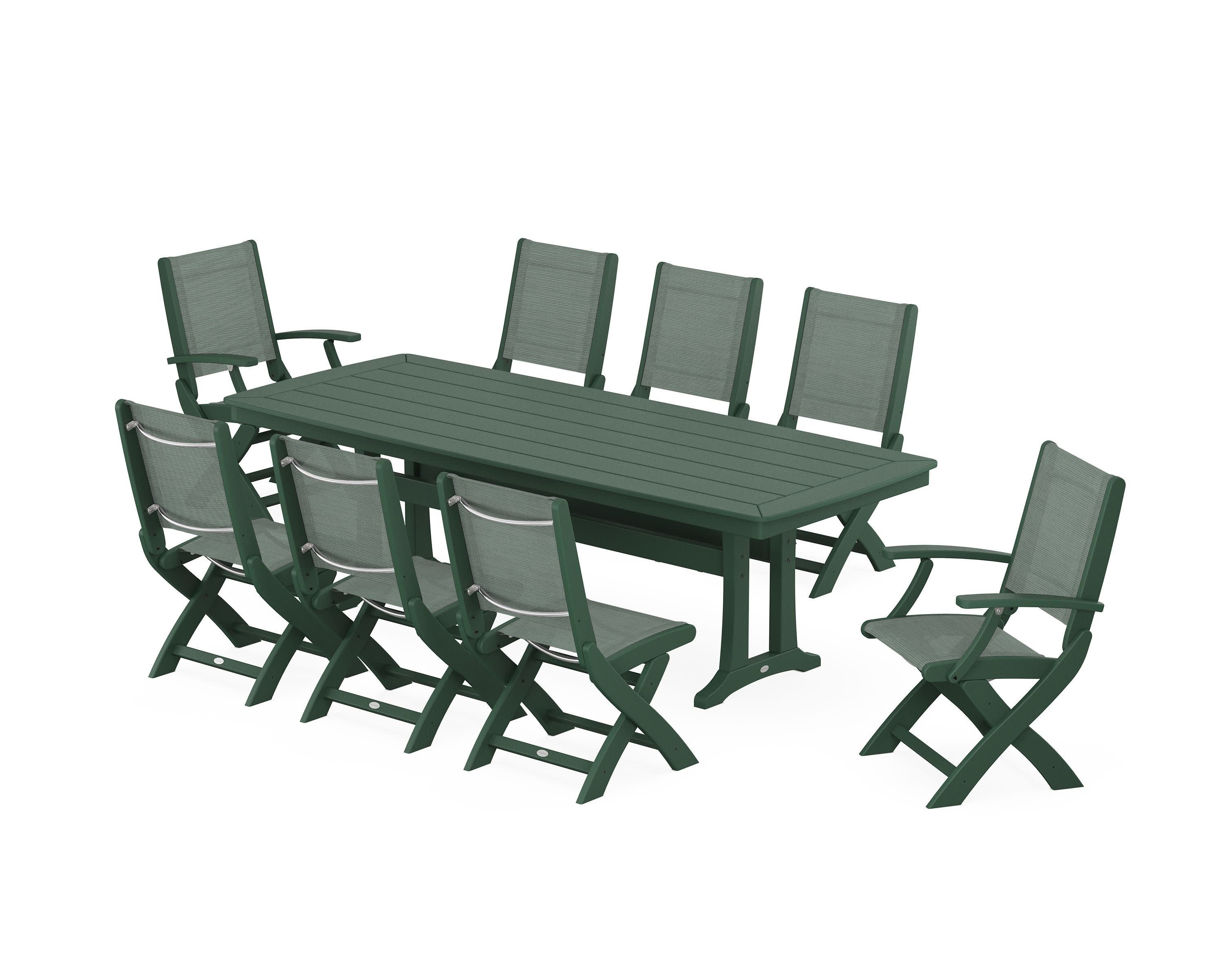 Coastal Folding 9-Piece Dining Set with Trestle Legs in Green / Dupioni Sea Mist Sling