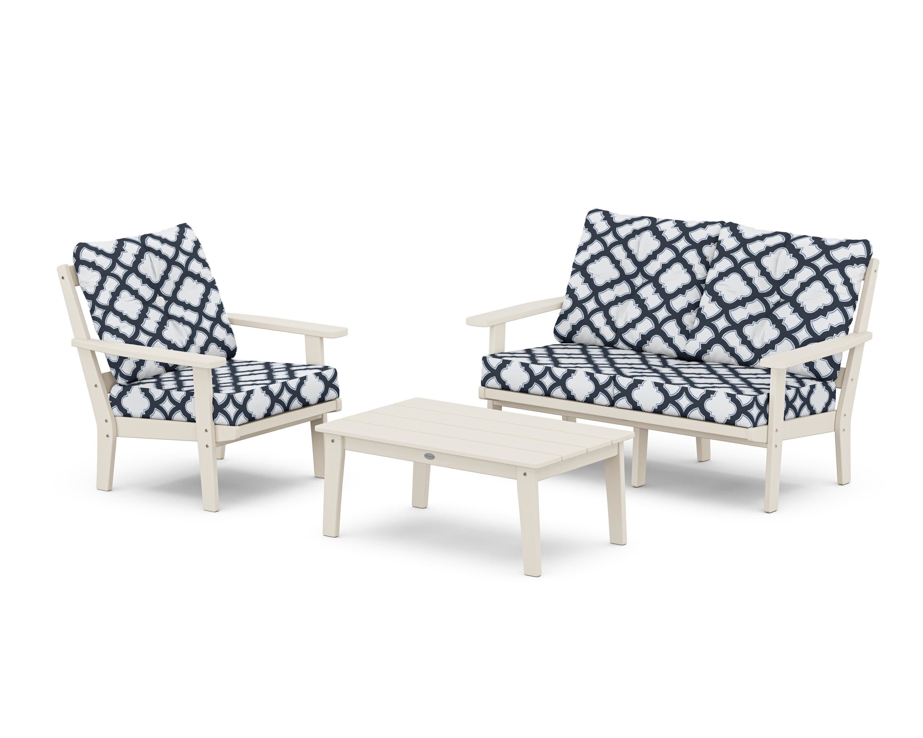 Prairie 3-Piece Deep Seating Set with Loveseat in Sand / Trellis Marine Indigo