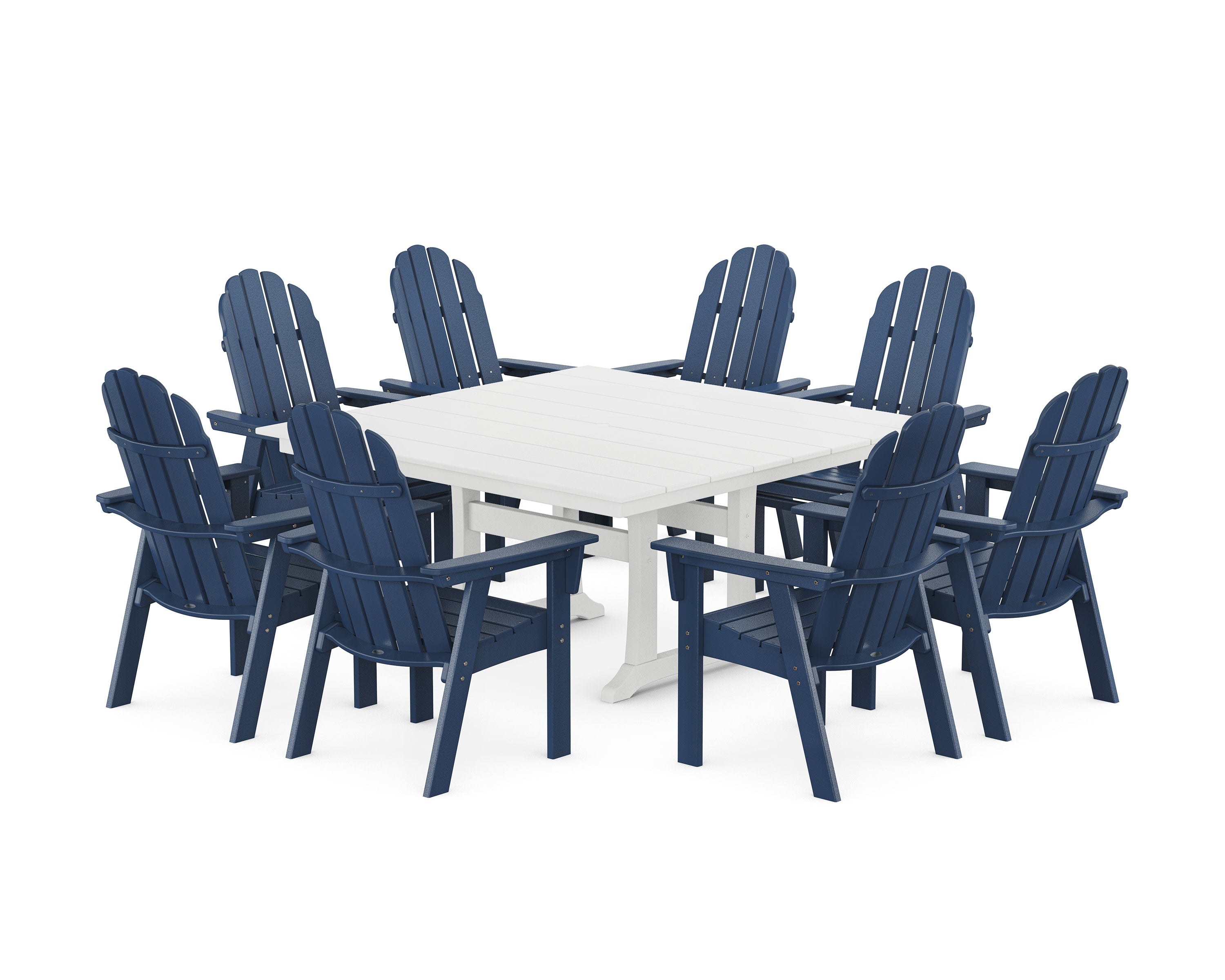 Vineyard Curveback Adirondack 9-Piece Square Farmhouse Dining Set with Trestle Legs in Navy / White