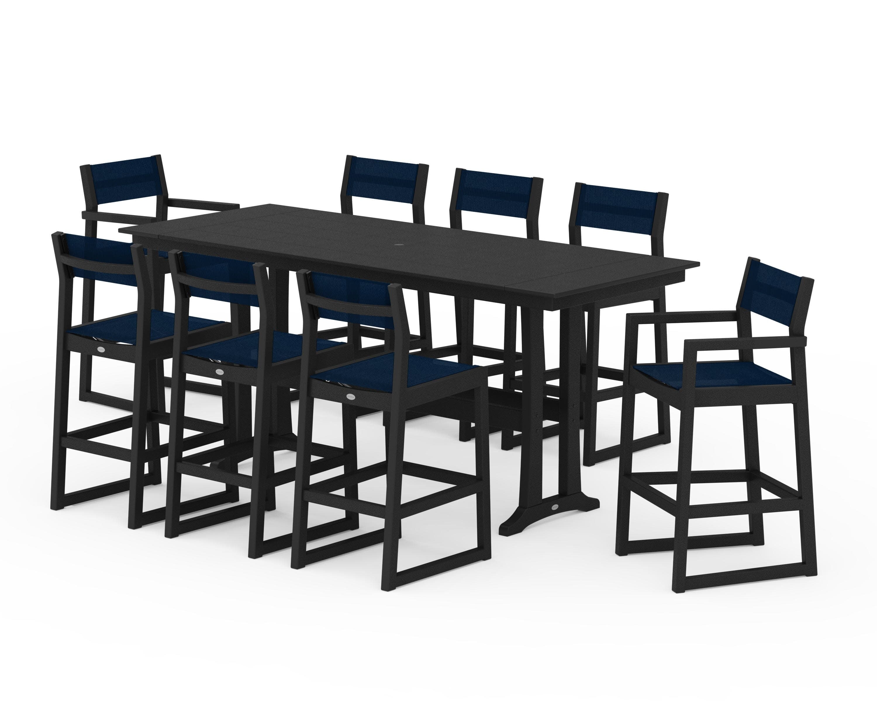 EDGE Sling 9-Piece Farmhouse Bar Set with Trestle Legs in Black / Navy Blue Sling