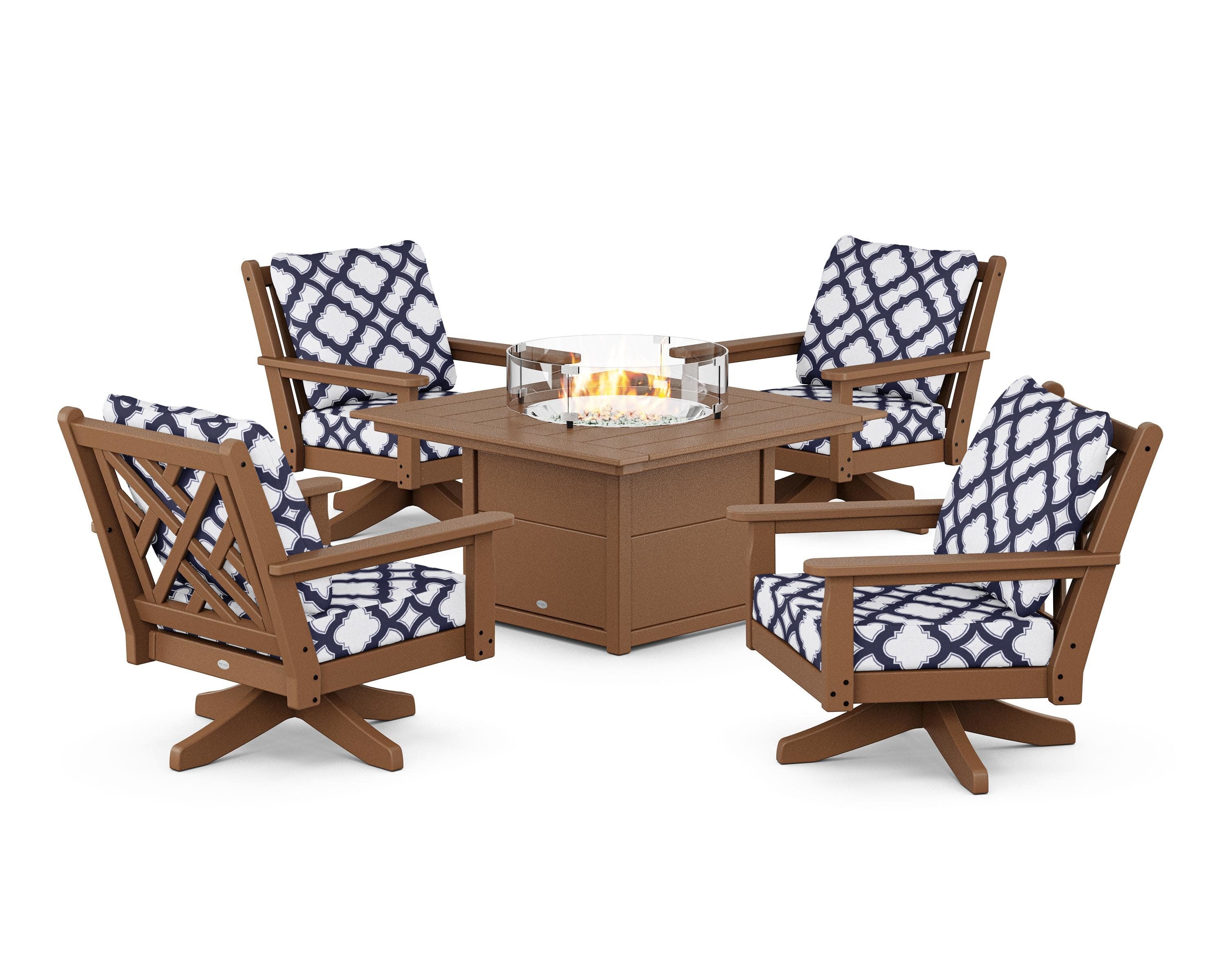 Chippendale 5-Piece Deep Seating Swivel Conversation Set with Fire Pit Table in Teak / Trellis Navy