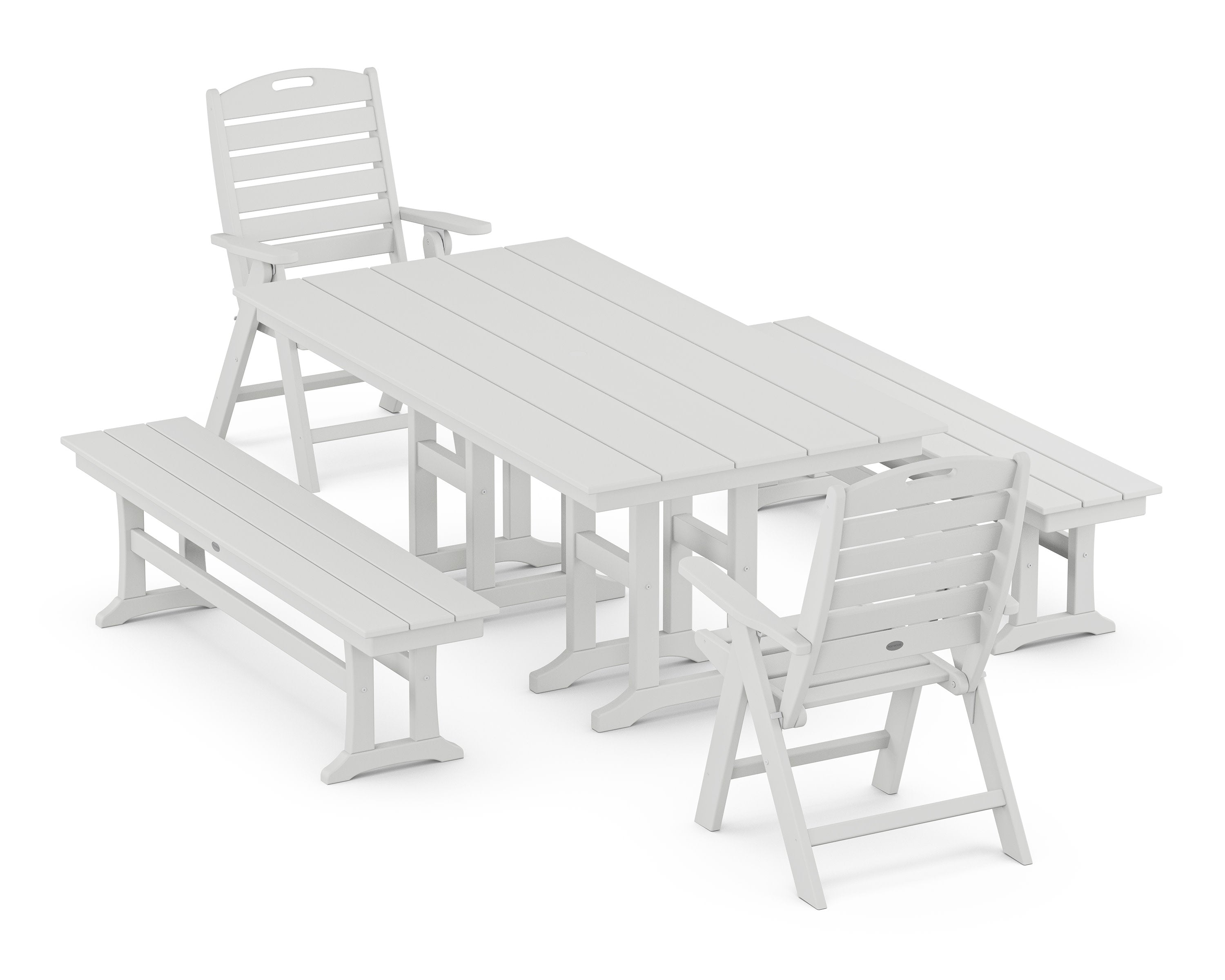 Nautical Highback 5-Piece Farmhouse Dining Set with Benches in White