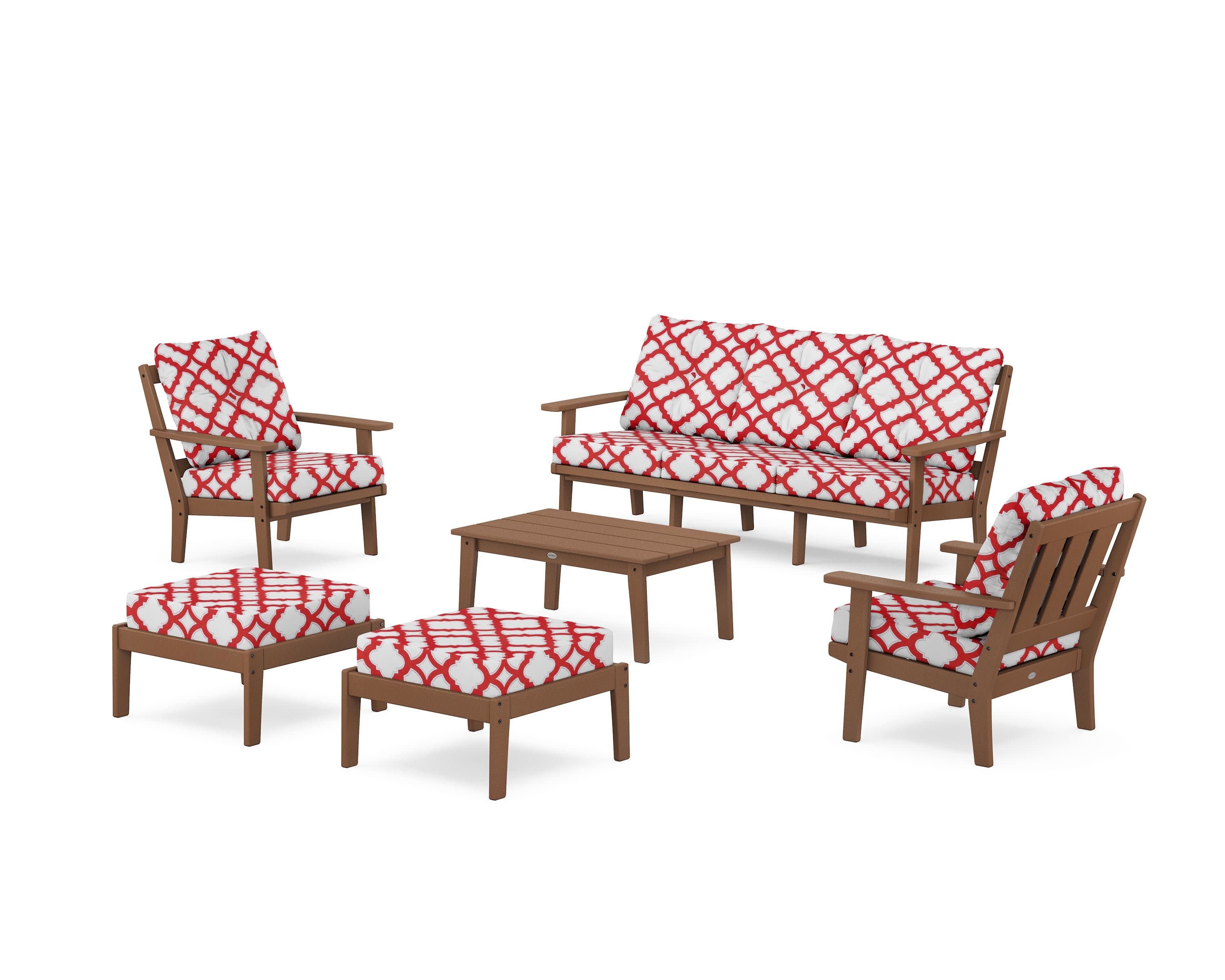 Oxford 6-Piece Lounge Sofa Set in Teak / Trellis Crimson
