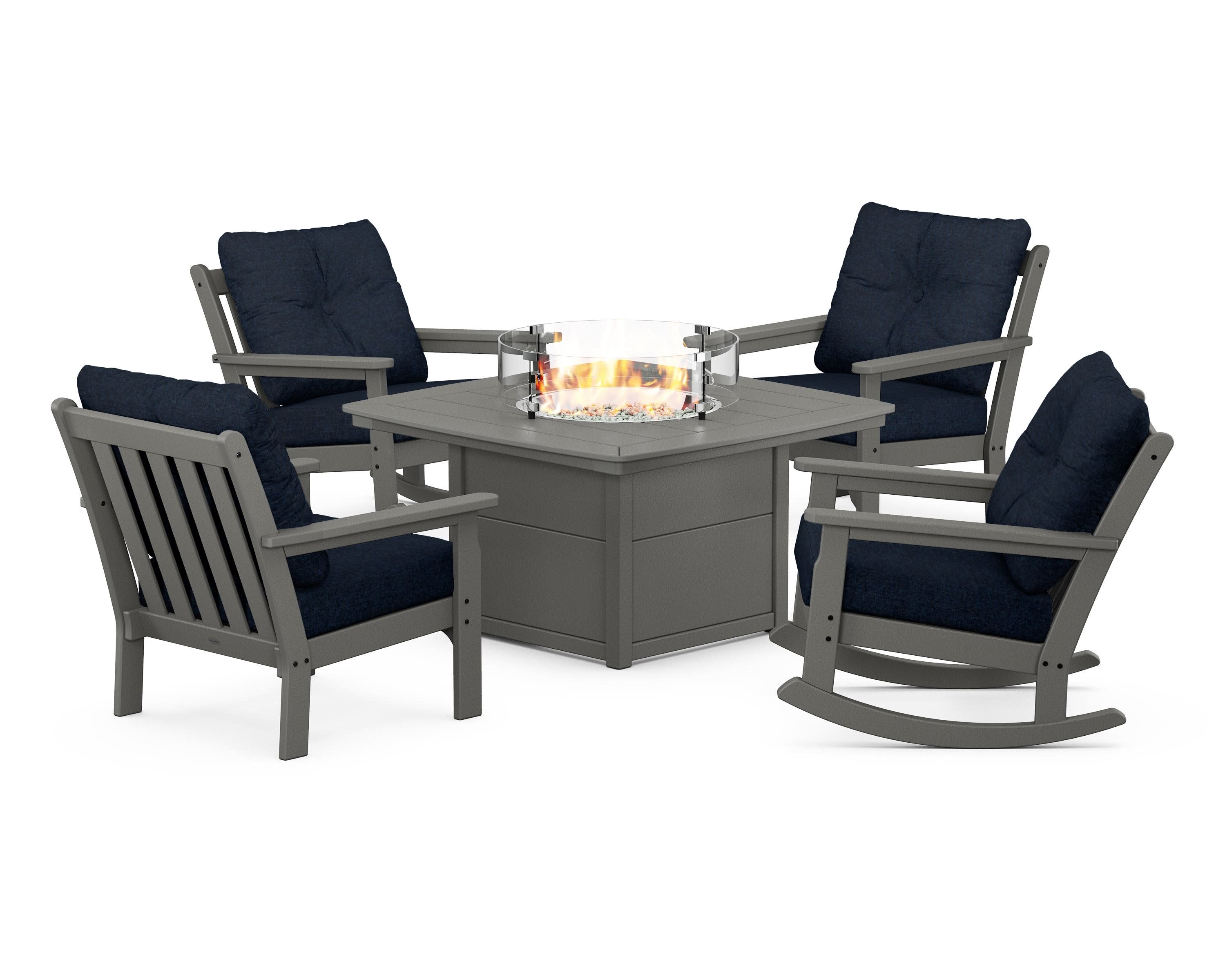 Vineyard 5-Piece Deep Seating Rocking Chair Conversation Set with Fire Pit Table in Slate Grey / Marine Indigo