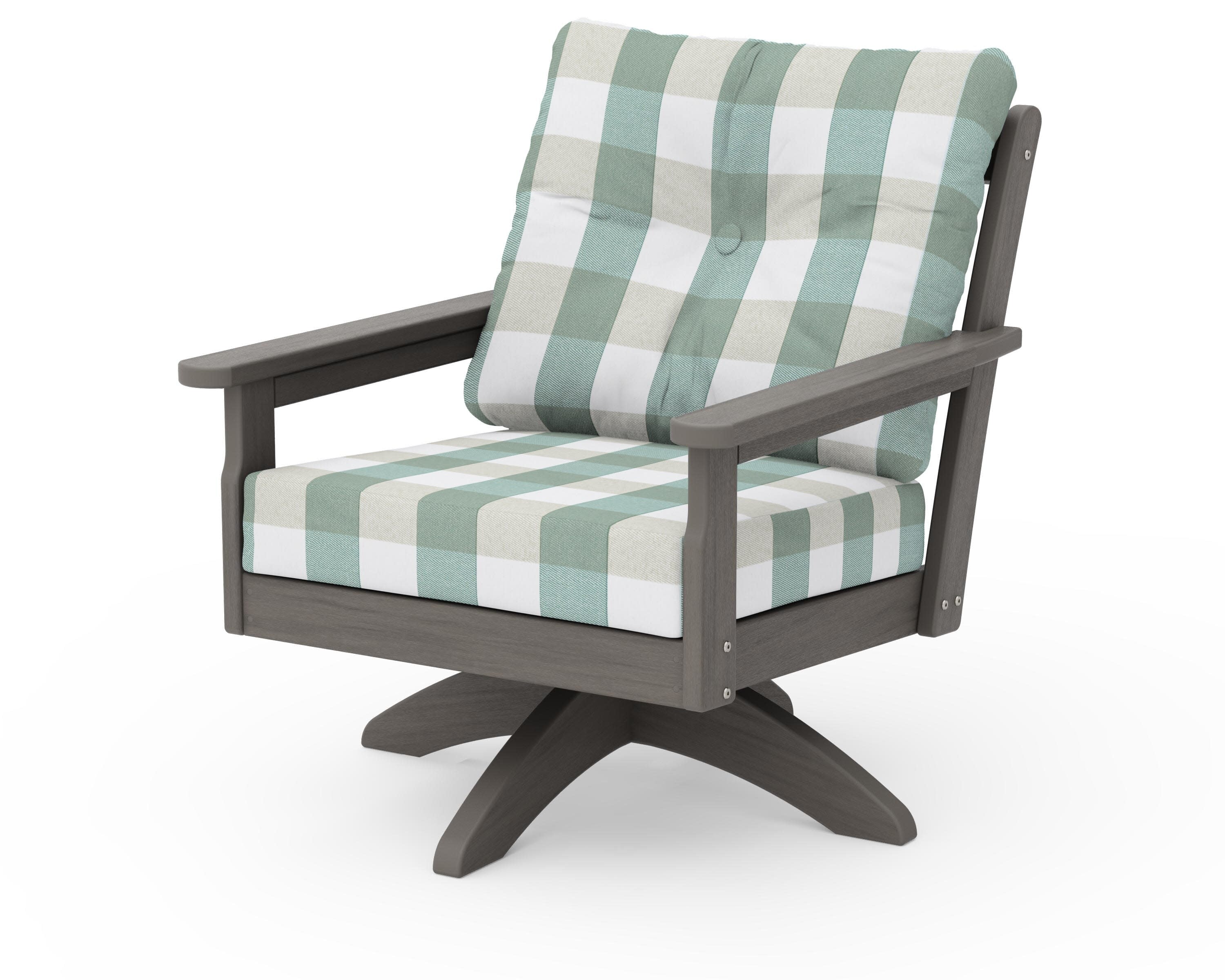 Vineyard Deep Seating Swivel Chair in Driftwood / Buffalo Plaid Glacier Spa