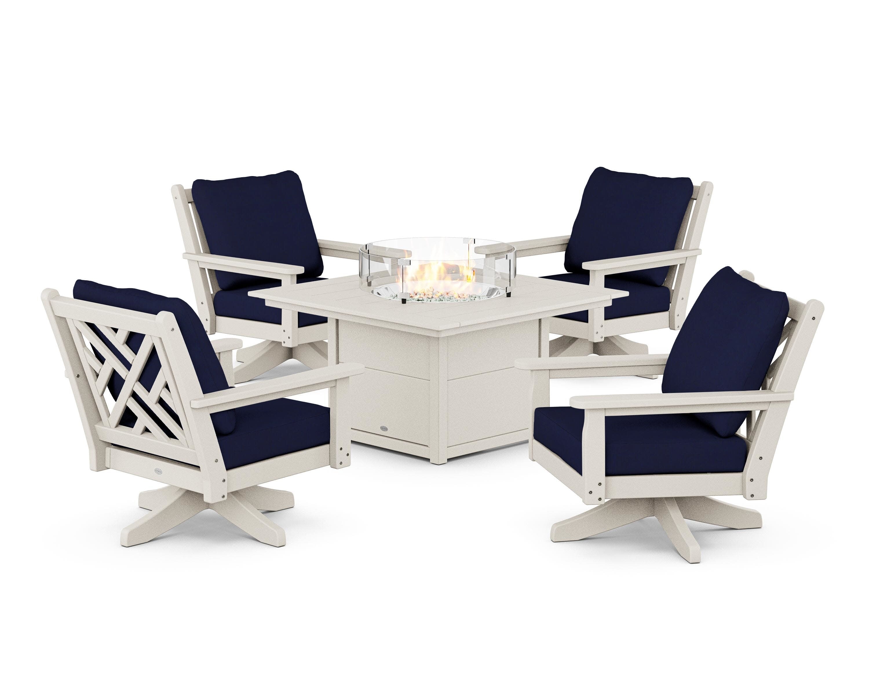 Chippendale 5-Piece Deep Seating Swivel Conversation Set with Fire Pit Table in Sand / Navy