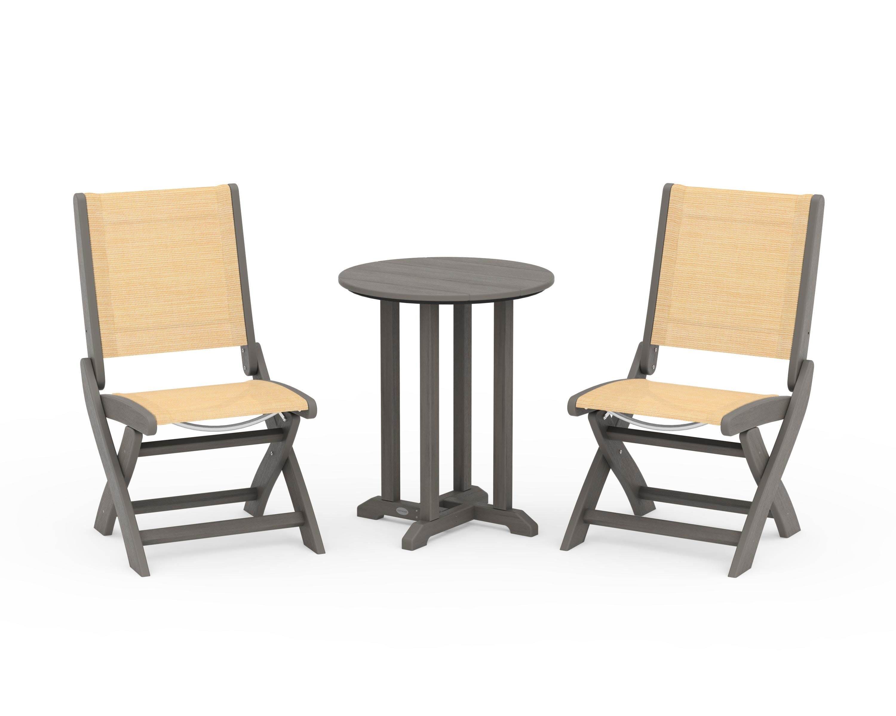 Coastal Folding Side Chair 3-Piece Round Bistro Dining Set in Driftwood / Dupioni Apricot Sling