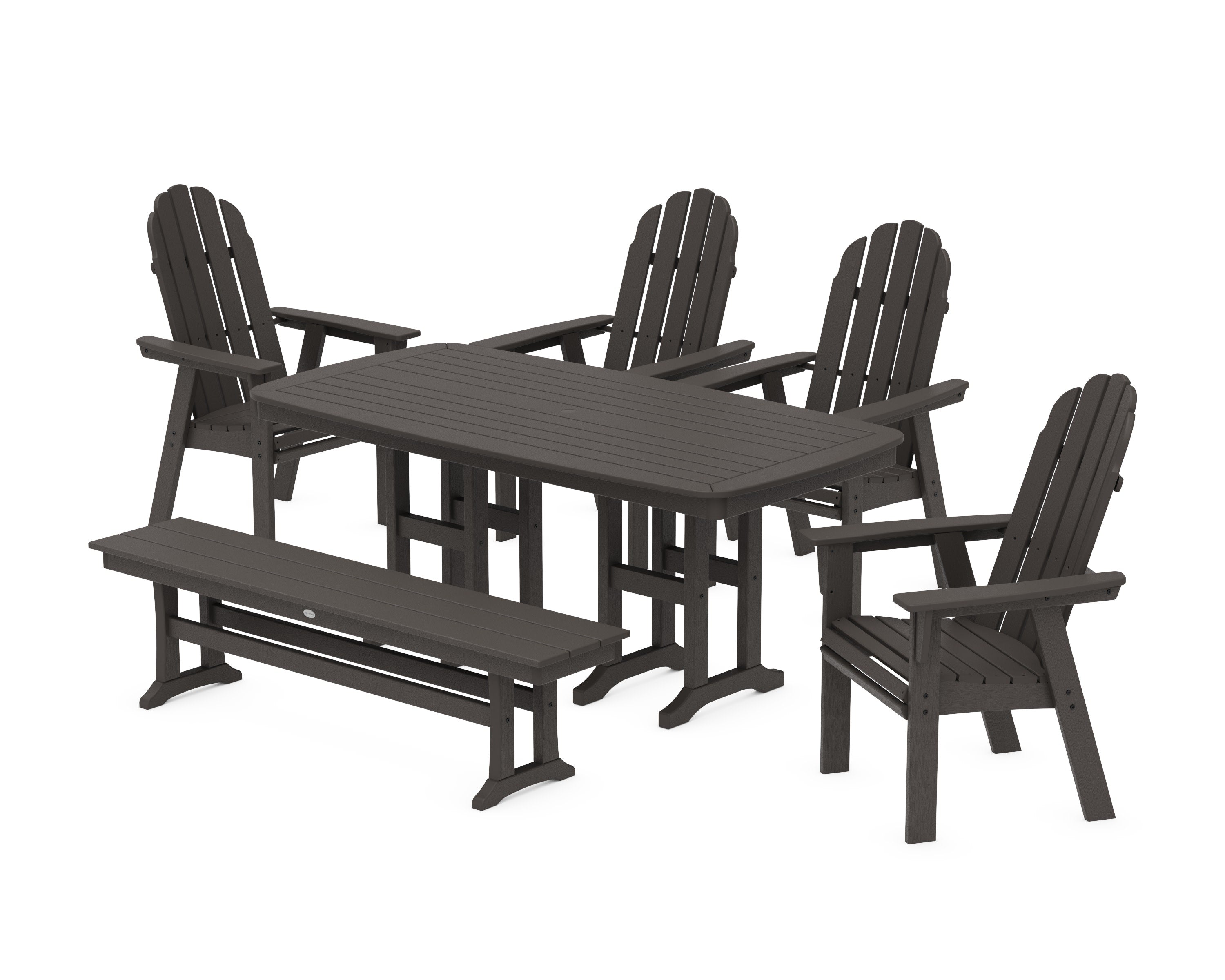 Vineyard Curveback Adirondack Chair 6-Piece Dining Set with Bench in Vintage Coffee