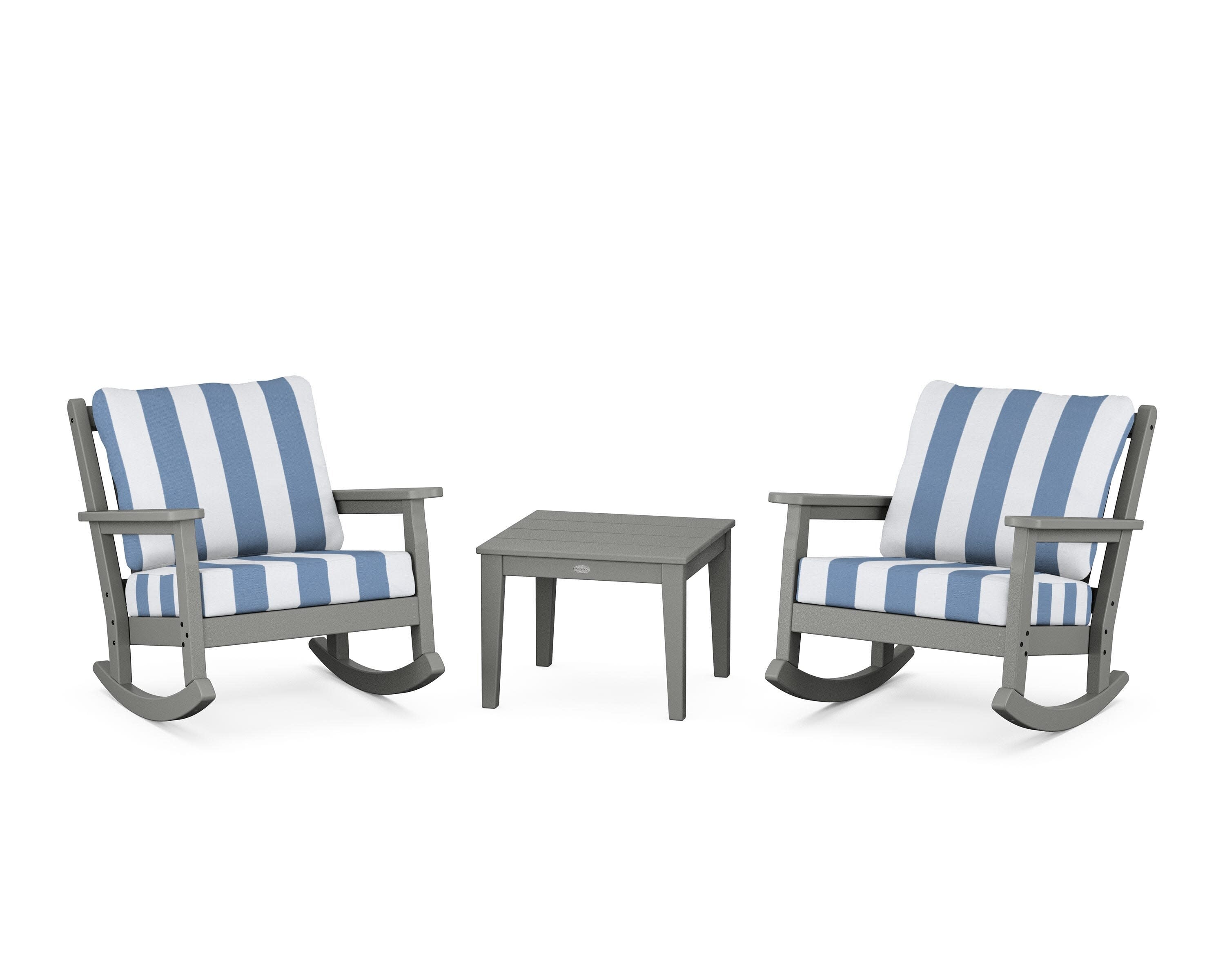 Chippendale 3-Piece Deep Seating Rocker Set in Slate Grey / Cabana Stripe Sky Blue