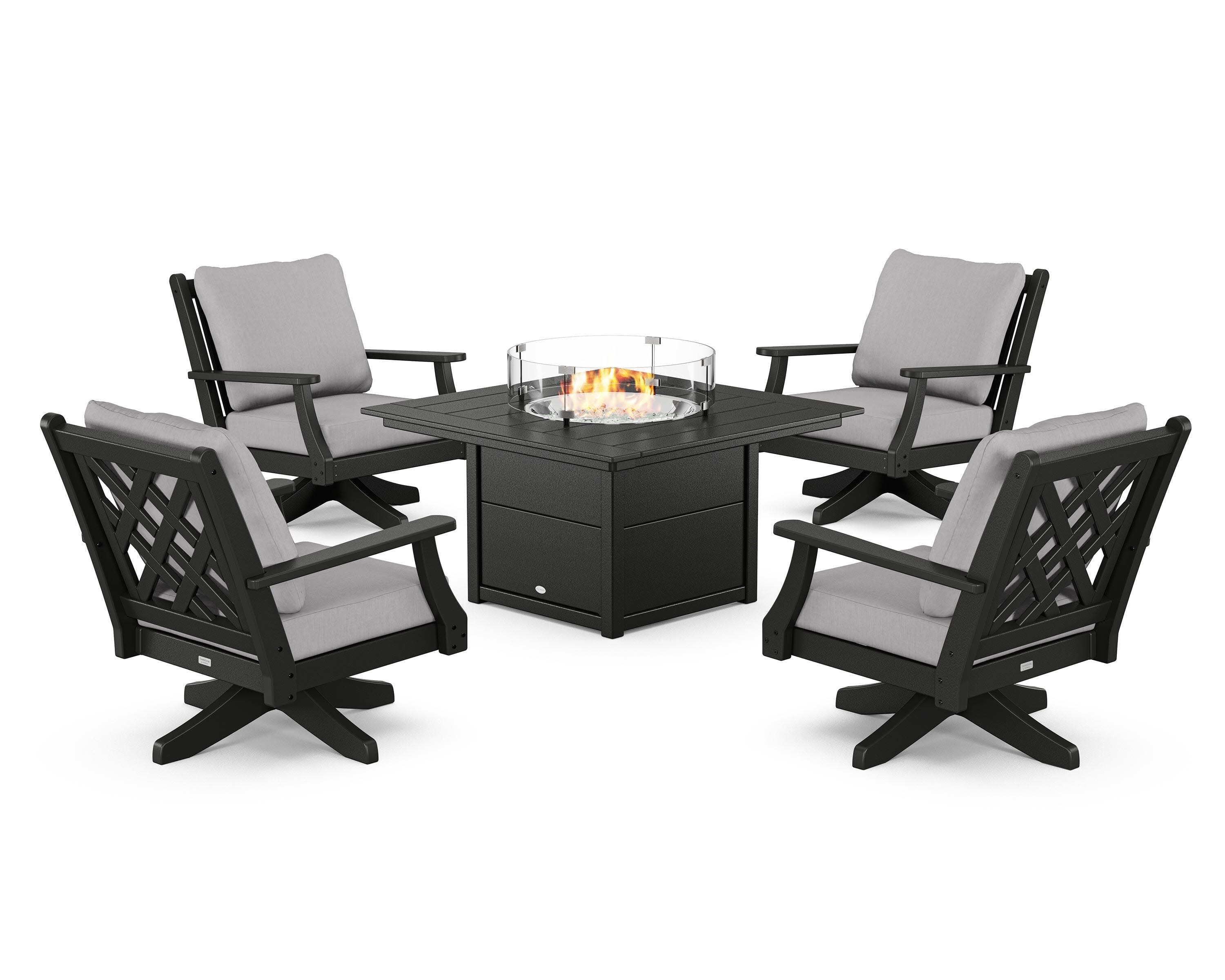 Wovendale 5-Piece Deep Seating Swivel Conversation Set with Fire Pit Table in Black / Granite