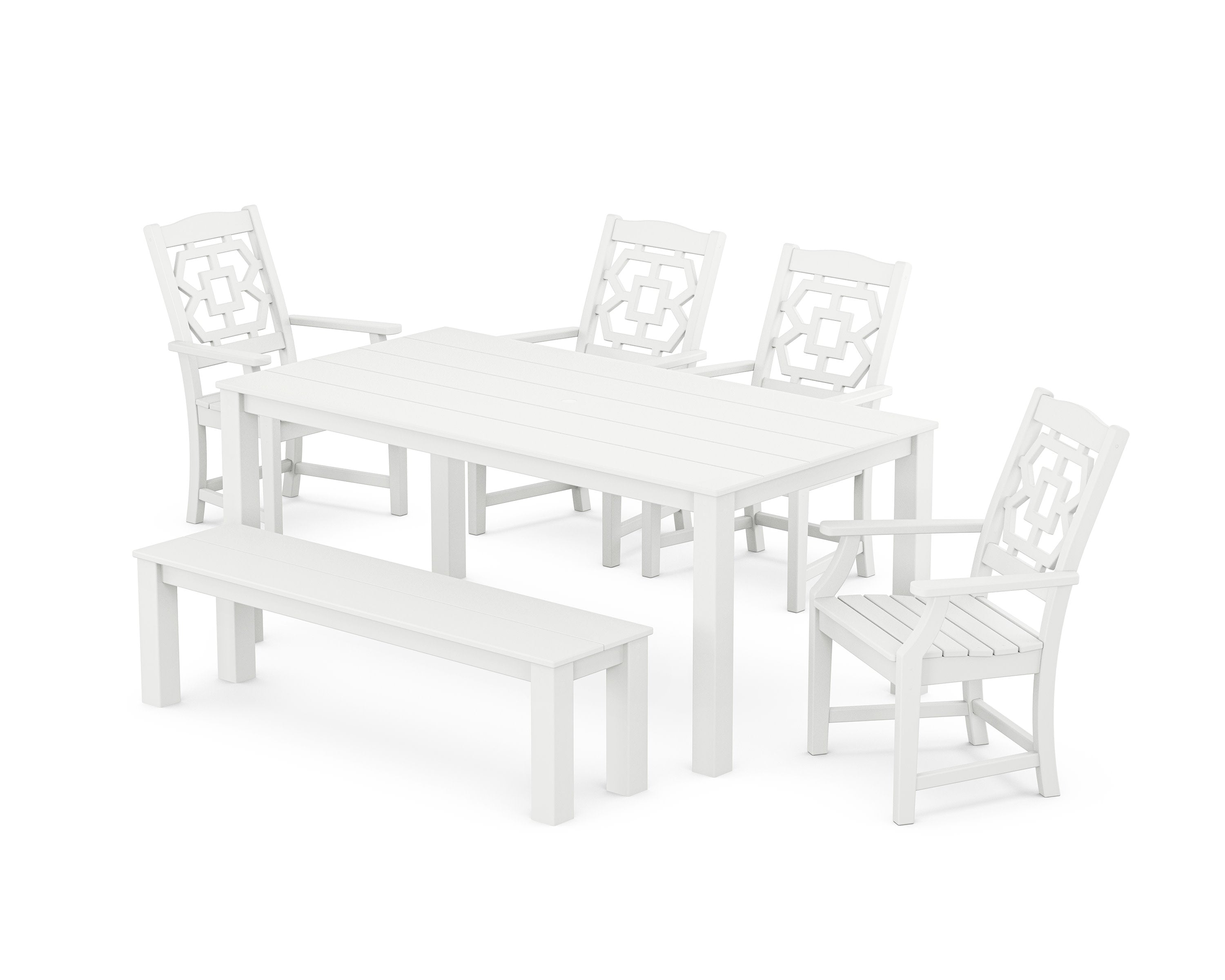 Chinoiserie 6-Piece Parsons Dining Set with Bench in White