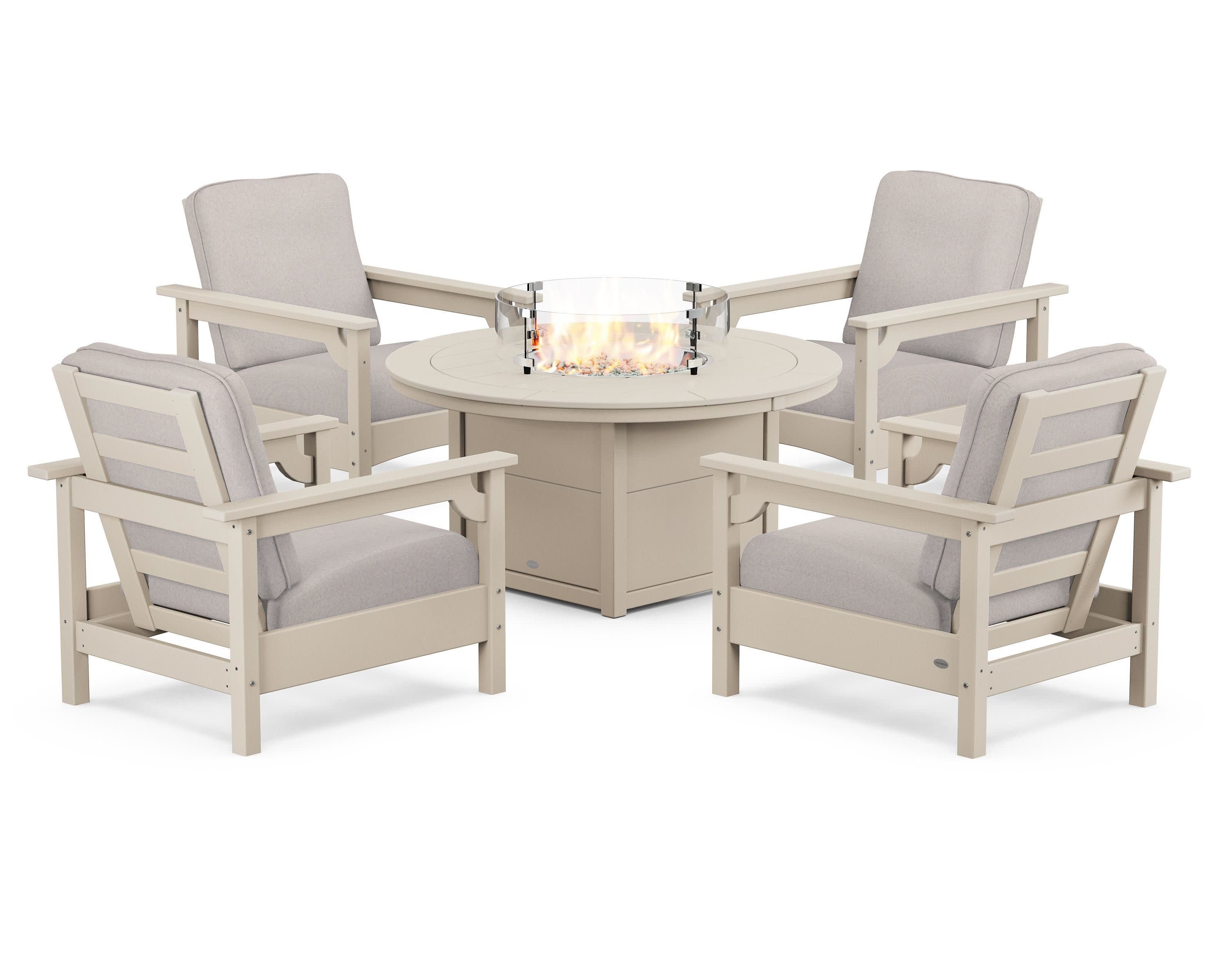 Club 5-Piece Conversation Set with Fire Pit Table in Sand / Dune Burlap