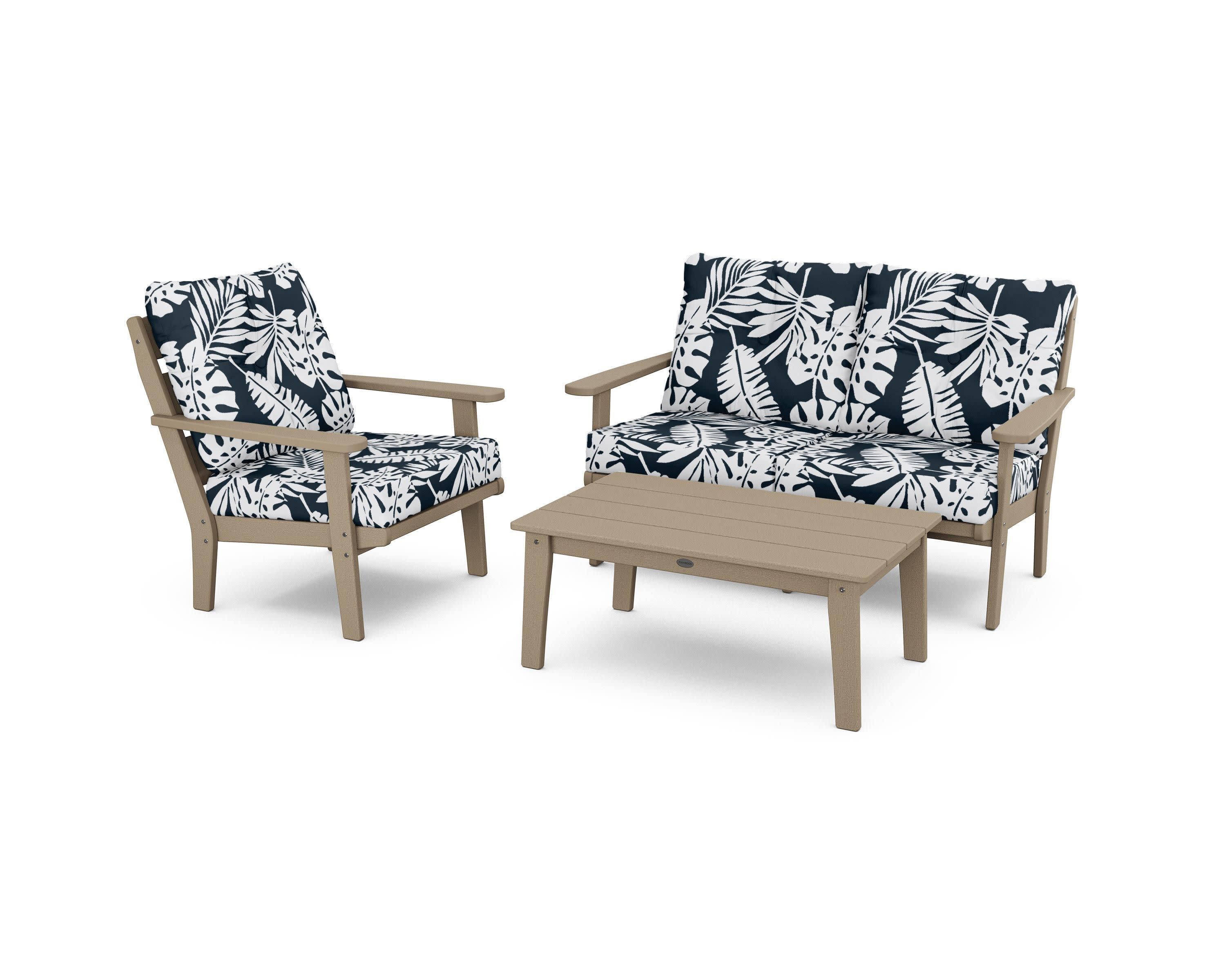 Lakeside 3-Piece Deep Seating Set in Vintage Sahara / Leaf Marine Indigo