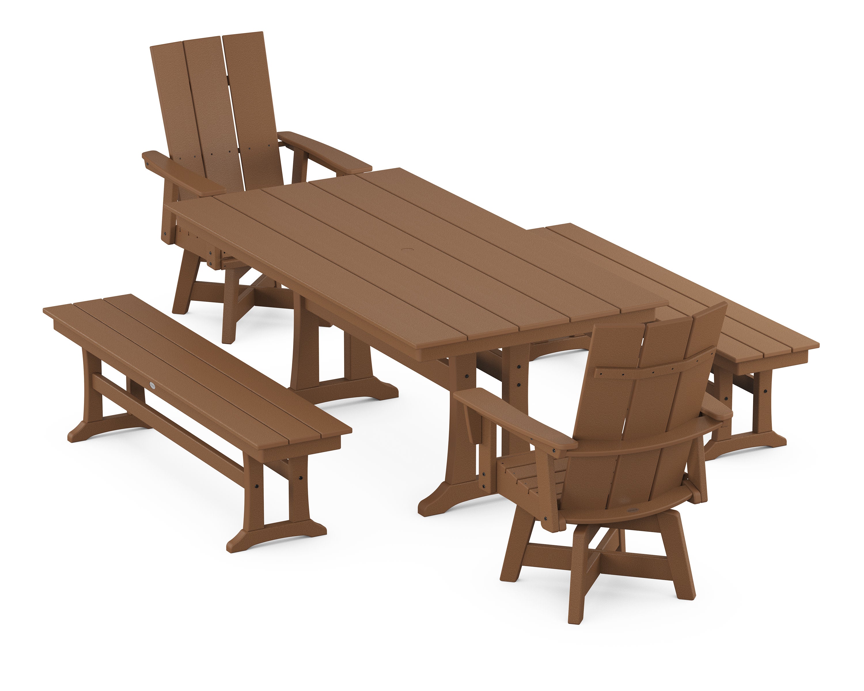 Modern Curveback Adirondack Swivel Chair 5-Piece Farmhouse Dining Set With Trestle Legs and Benches in Teak